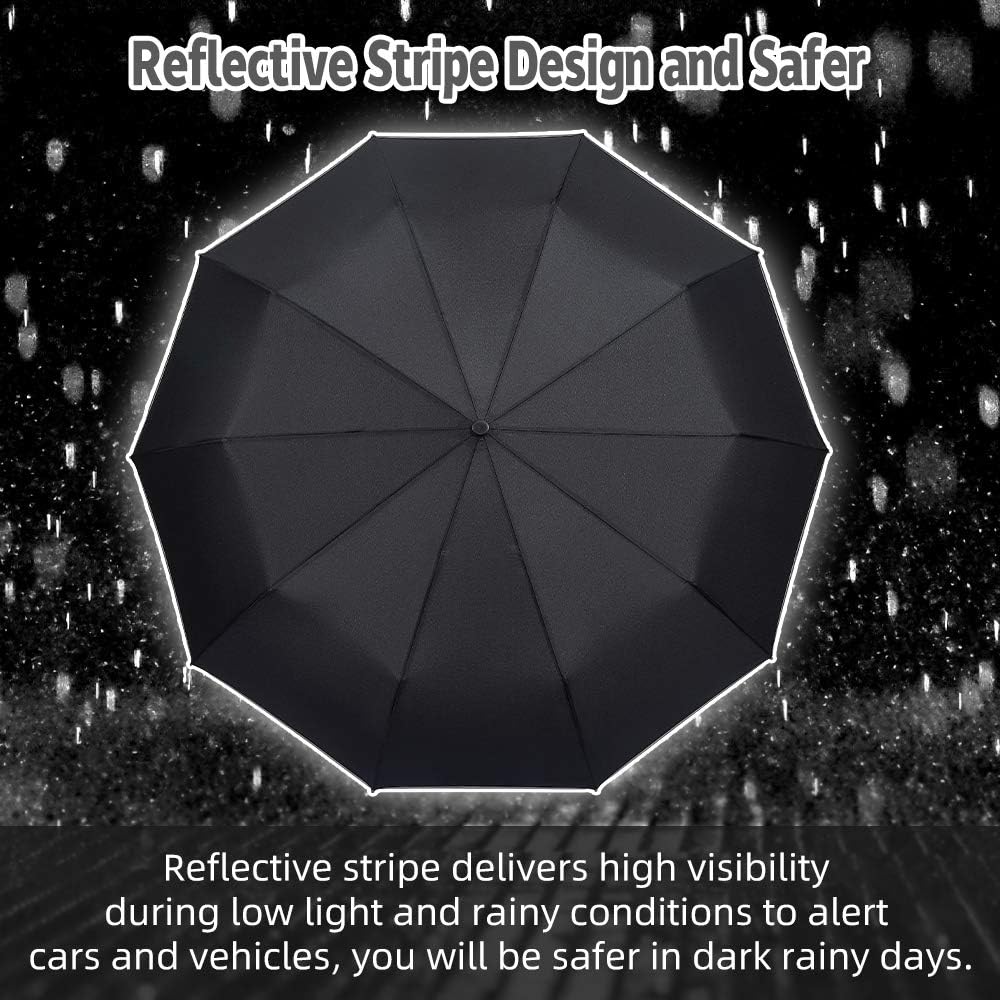FDJASGY Windproof Travel Umbrella with Teflon Coating Auto Open Close Lightweight Sun&Rain Umbrella with 10 Rib Construction and Reflective Stripe Zipper Pouch