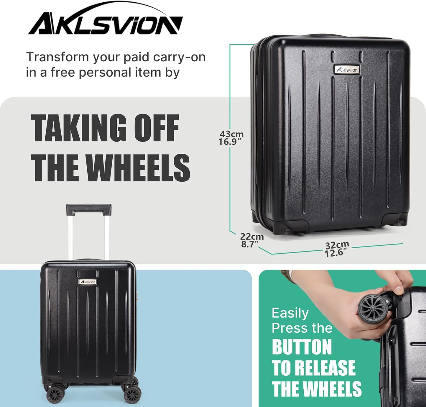 18-inch Carry-on Boarding Luggage: Equipped with Movable Wheels, TSA Approved,Under the Seat, Hard Shell Construction, Lightweight Bag with Essential Accessories (Jet Black)
