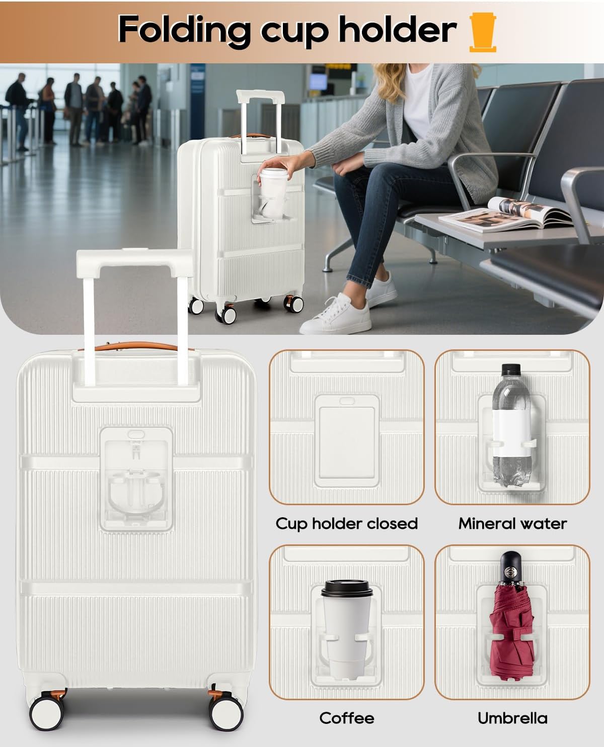 Joyway Carry on Luggage Airline Approved with Front Pocket, Hardside 20 Inch Travel Luggages with Cup Holder, Carry-on Suitcase with Spinner Wheels for Men and Women (White, 20 Inch)