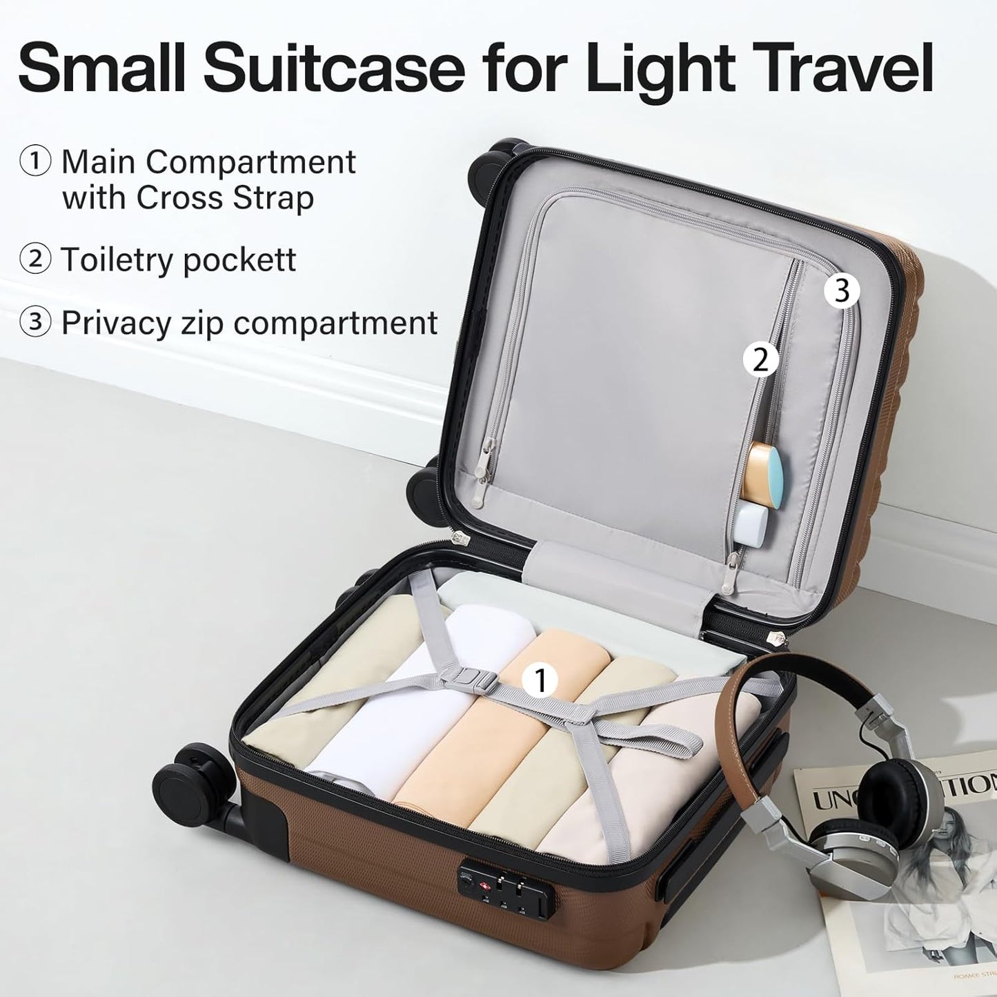 Hanke 14 Inch Underseat Carry On Luggage with Wheels Hard Shell Suitcases Lightweight Small Luggage for Weekender Mini Suitcase Carry On Bag Travel Luggage for Travel Rolling Suitcase.(Brown)