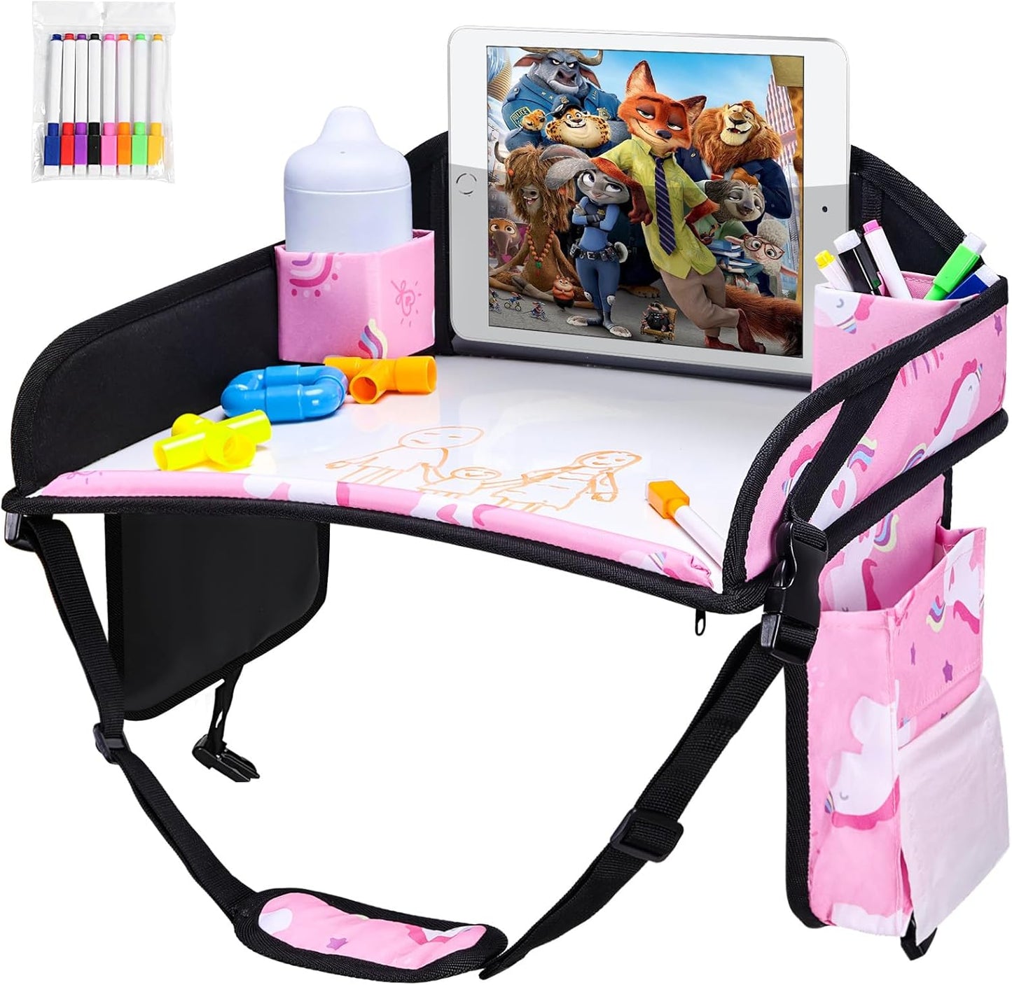 2PCS Kids Travel Tray, Car Seat Tray for kids Travel, Toddler Road Trip Essentials With Drawing Kit, Toddler Lap Desk Organizer for Car, Carseat Table for Airplane