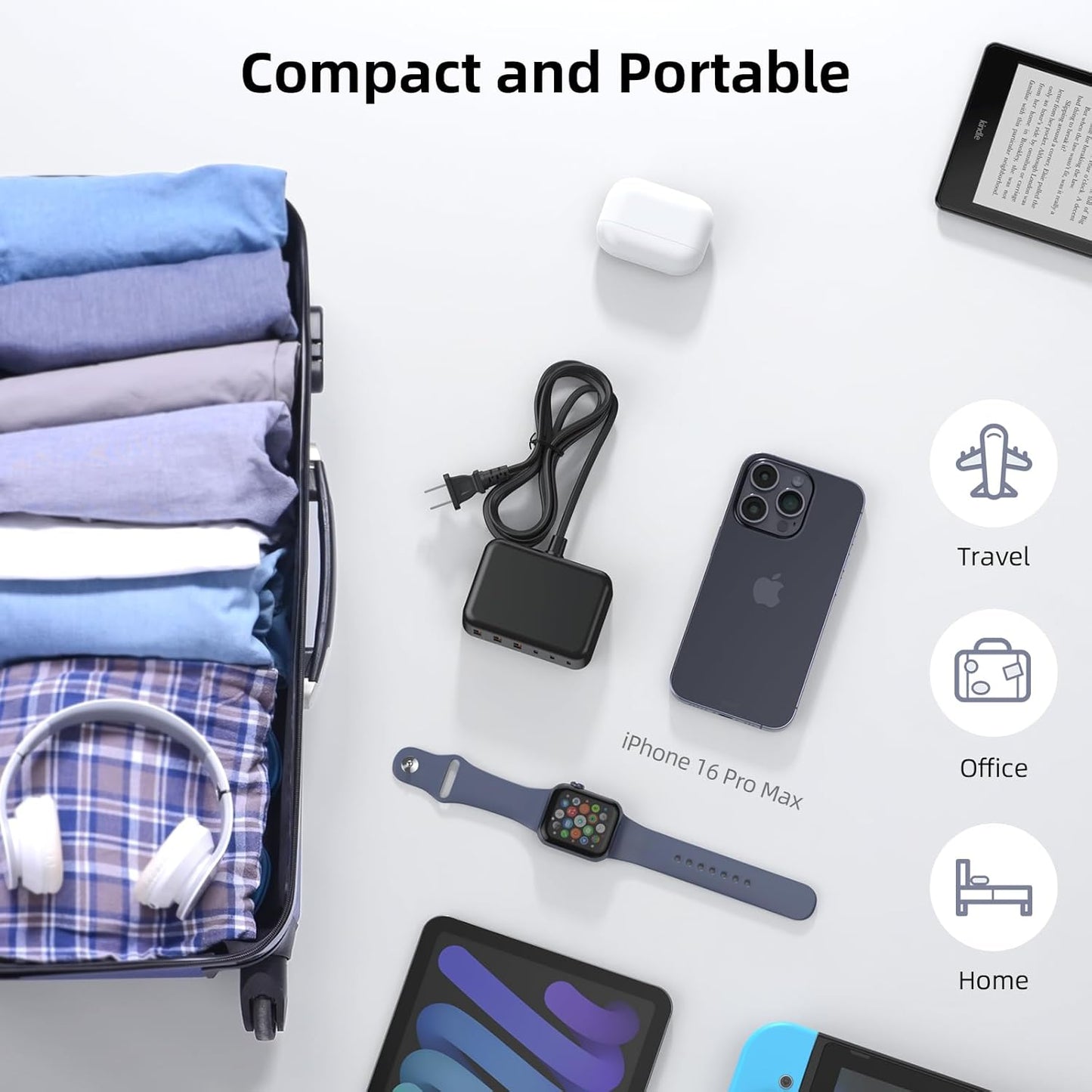 USB C Charger Block, 100W GaN 6 Port PD USB C QC USB A Wall Charger Adapter Plug Cube, Super Fast Type C Charging Station Hub for iPhone 16 15 14 13 12 Pro Max iPad Samsung Pixel 5ft Extension Cord