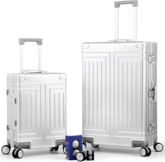 All Aluminum Magnesium Carry On Luggage，Cut from Whole Aluminum Sheet，22x14x9 Airline Approved ，（3rd Generation，Premium Magnesium Metal zipperless suitcase ） (silvery, 20+28inch)