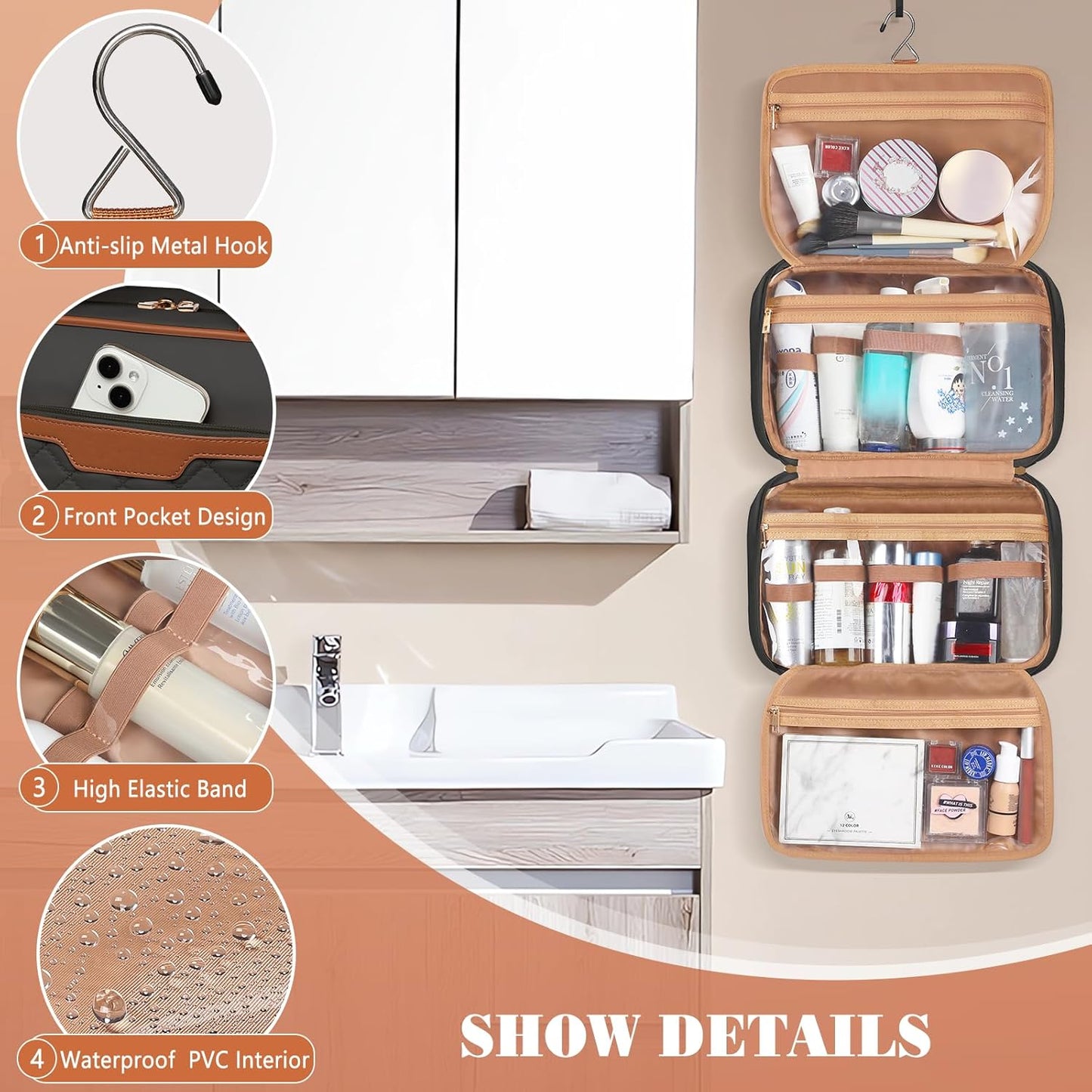 Travel Toiletry Organizer - Hanging Toiletry Bag for Full-sized Toiletries, Portable Water-resistant with Hanging Hook and 4 Compartments for Travel Essentials and Cosmetics