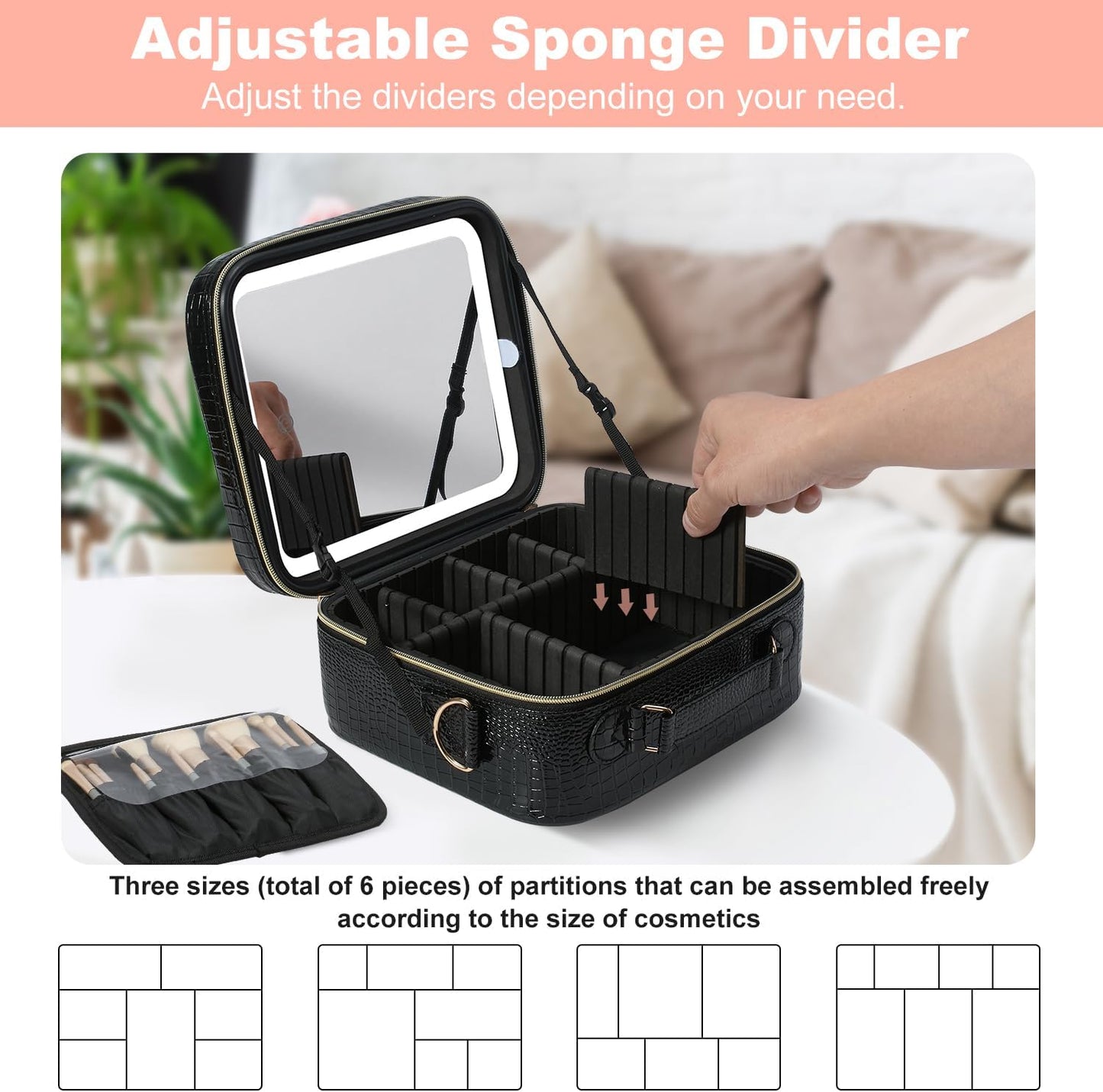 Mocado Travel Makeup Bag with LED Lighted Mirror, Travel Makeup Organizer, Makeup Case with 3 Color Lighted Setting and 10x Magnifying Mirror, Portable Storage and Adjustable Dividers (Crocodile)