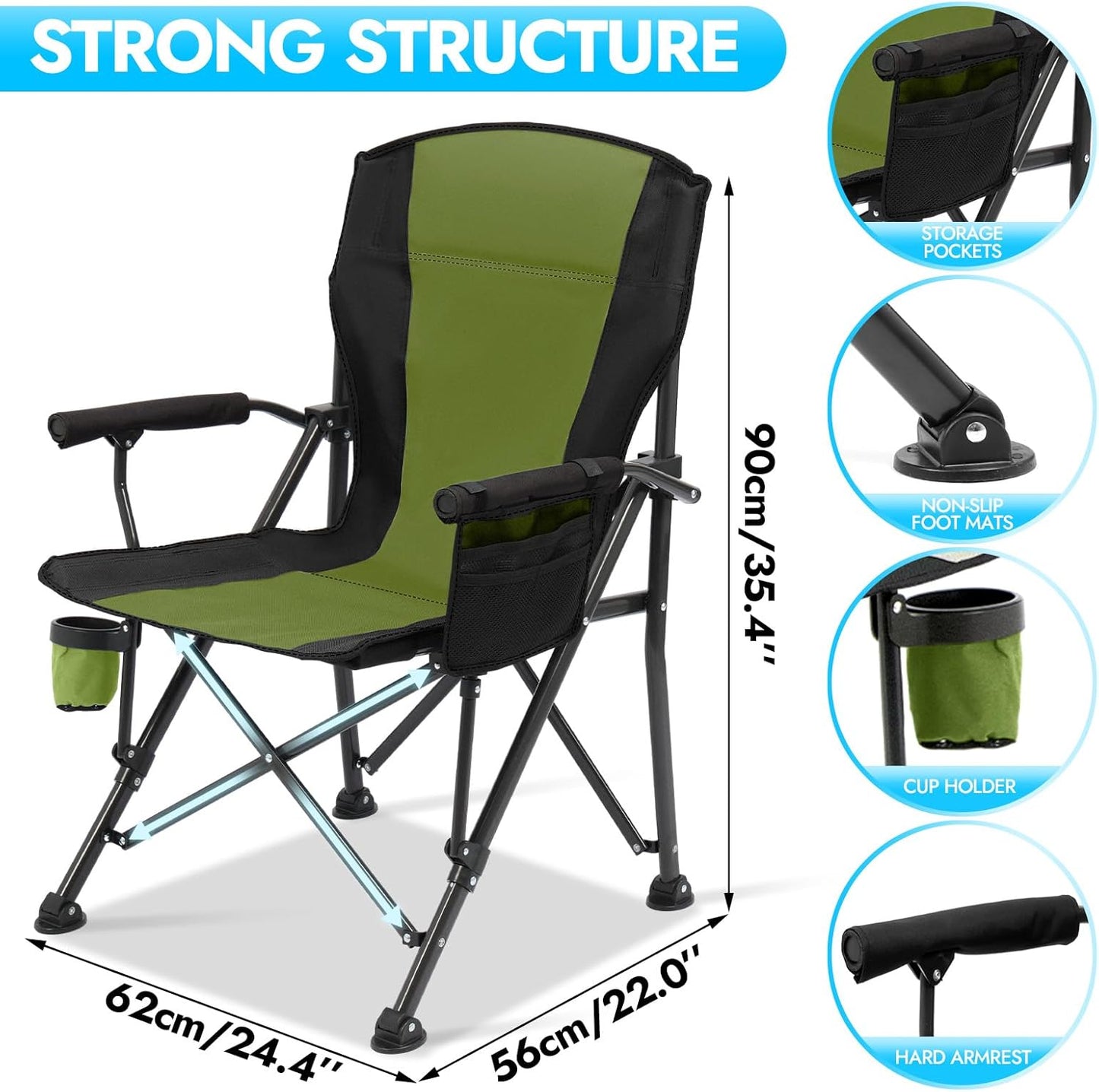 2 Pack Oversized Folding Camping Chair for Adults, Supports 450 LBS Camping Chairs, Heavy Duty Camping Chair with Side Pockets, Foldable Outdoor Chair for Camping, Beach, Fishing, Hiking, Green-Black