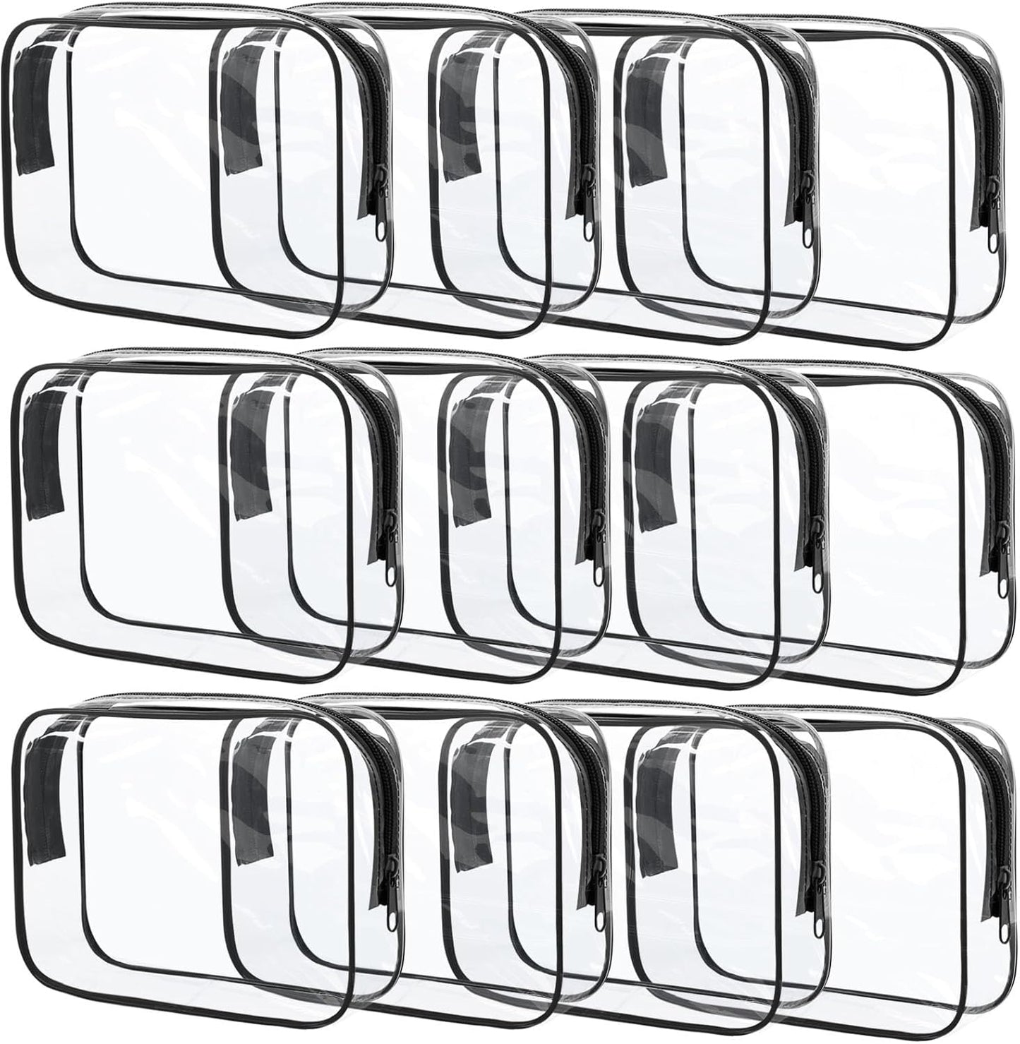12 Pcs Clear Cosmetic Bag PVC Waterproof Zippered Clear Toiletry Carry Pouch Cosmetic Makeup Bag for Women Men Vinyl Plastic Organizer Case for Vacation Bathroom (Large, Black)