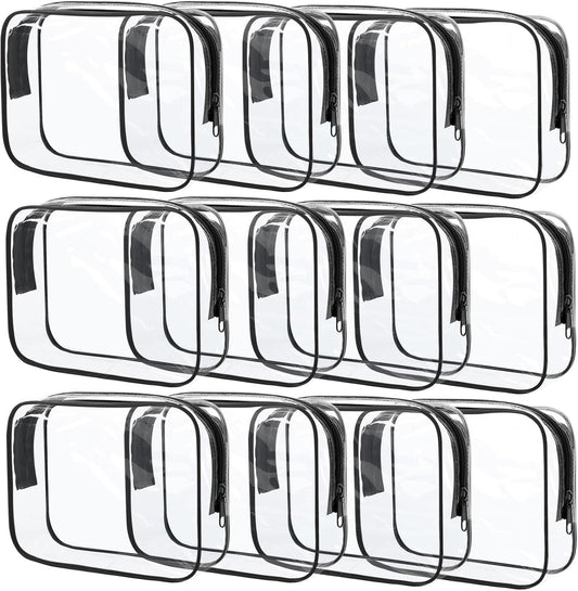 12 Pcs Clear Cosmetic Bag PVC Waterproof Zippered Clear Toiletry Carry Pouch Cosmetic Makeup Bag for Women Men Vinyl Plastic Organizer Case for Vacation Bathroom (Large, Black)