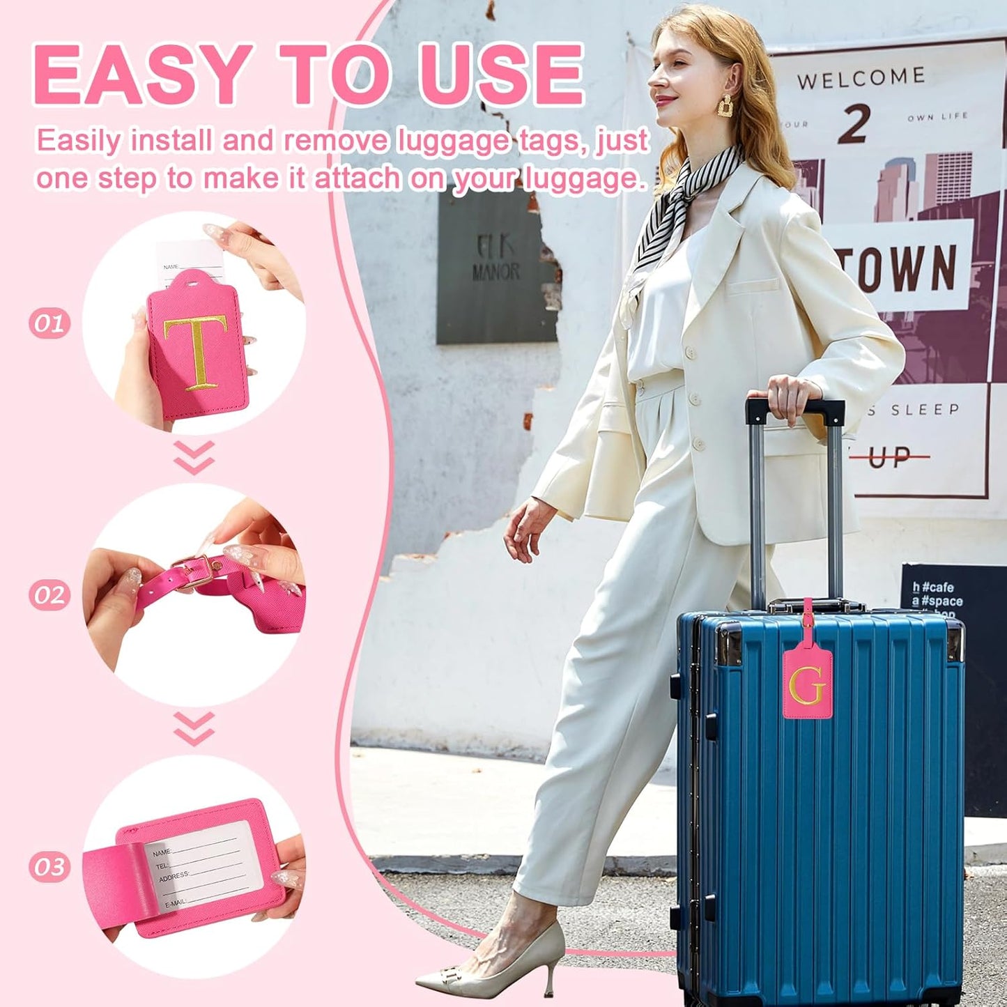 Personalized Rose Red Leather Initial Luggage Tags with Privacy Cover Name Card, Custom Monogram Embroidered Cute Suitcase Tags for Women Kids