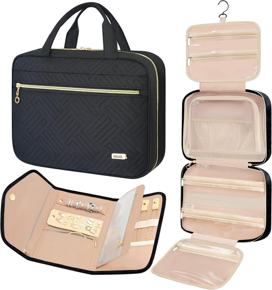 BAGAIL Hanging Toiletry Bag for Women Water-resistant Cosmetic Bag Large Capacity Travel Makeup Organizer for Full-Sized Travel Essentials(Classic+Jewelry Bag, Black)