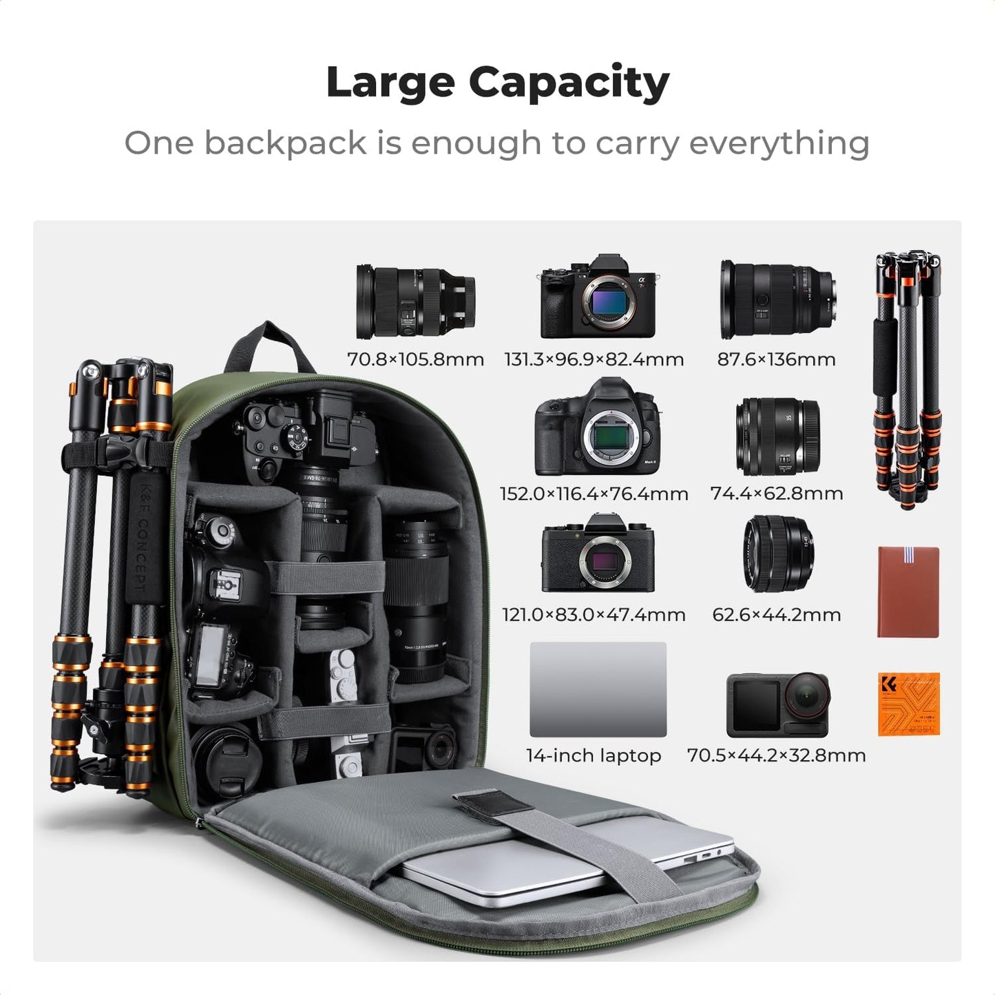 K&F CONCEPT Camera Backpack Bag, Professional DSLR/SLR/Mirrorless Camera Bag with Tripod Holder & Rain Cover, Waterproof Photography Camera Case Compatible with Canon/Sony/Nikon/FUJIFILM