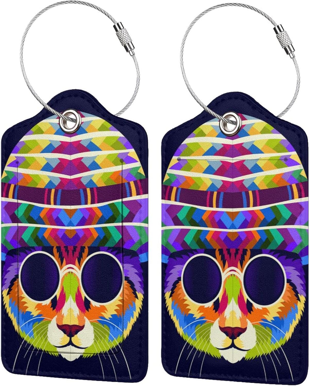 Artistic Cat with Glasses Leather Luggage Tags, 2 Pack, Multicolor, 4.6 X 2.7 Inch, Waterproof, Privacy Flap
