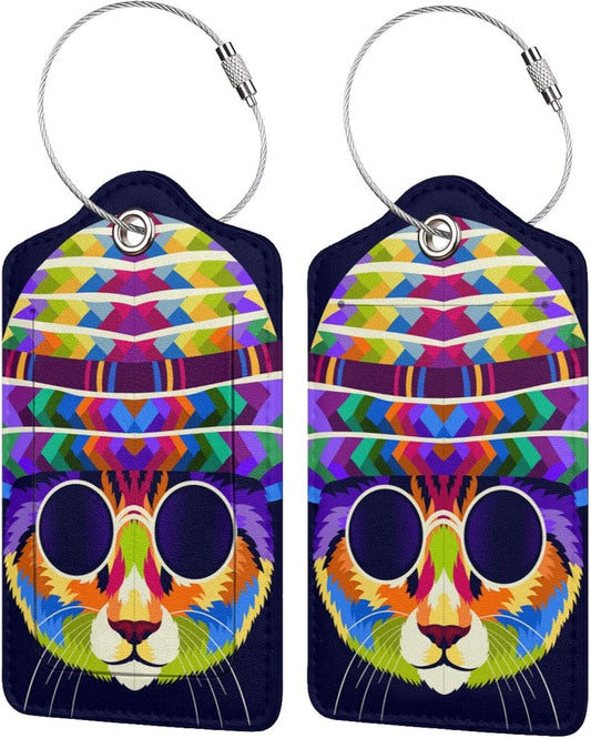 Artistic Cat with Glasses Leather Luggage Tags, 2 Pack, Multicolor, 4.6 X 2.7 Inch, Waterproof, Privacy Flap