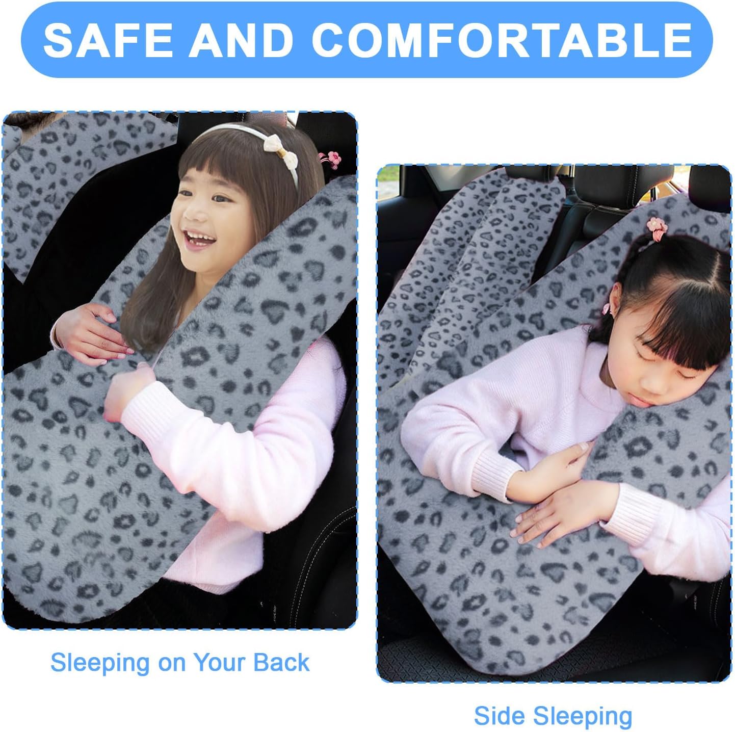 Travel Pillow, Travel Pillow for Kids, Sleeper Hold Pillow Travel, Removable U-Shaped Pillow for Adults and Children to Support Head and Body in The Back Seat of Long Car Trips (Gray Leopard Print)