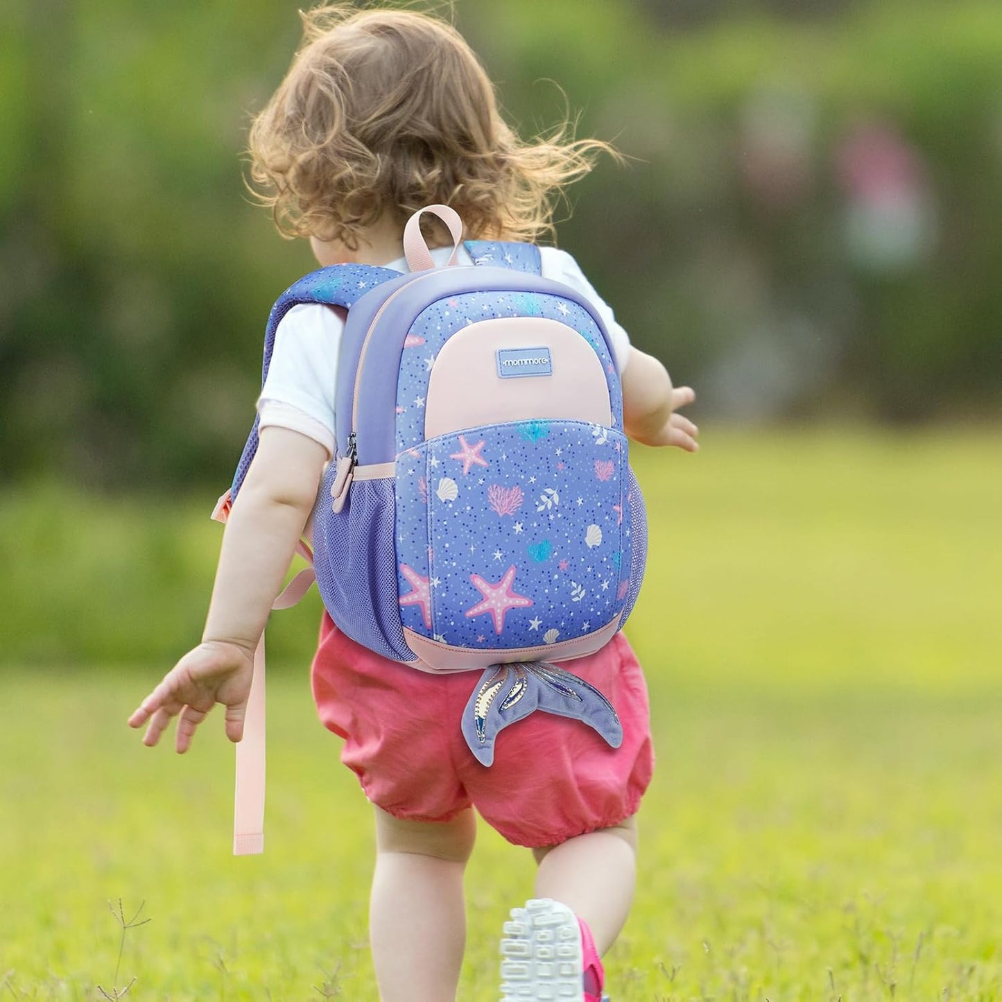 mommore Toddler Backpack for Girls 2-4 Neoprene Backpack with Kids Leash, 3D Cartoon Preschool Kindergarten Bookbag for Pre-k, Mermaid