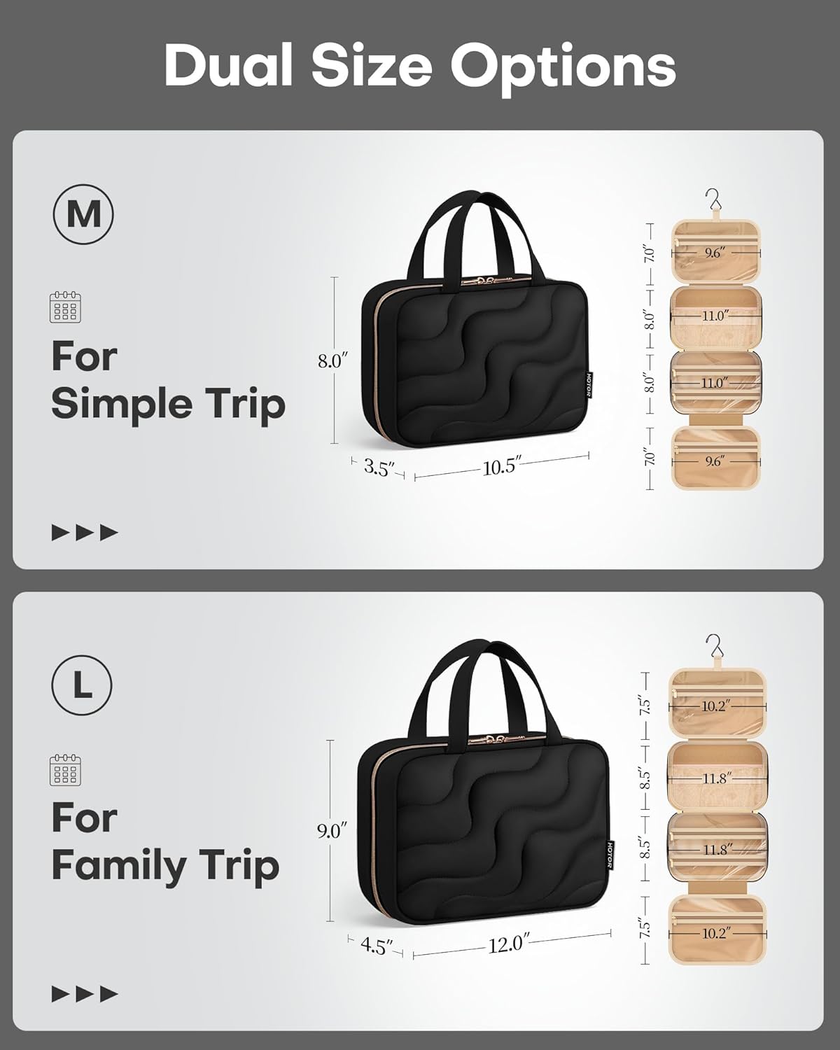 HOTOR Hanging Toiletry Bag - Spacious Travel Toiletry Bag for Women & Men, Multi-Pocket Makeup Organizer, Travel & Cruise Essentials for Business Trip, Gym, Black, 11.0" x 8.7" x 3.9"