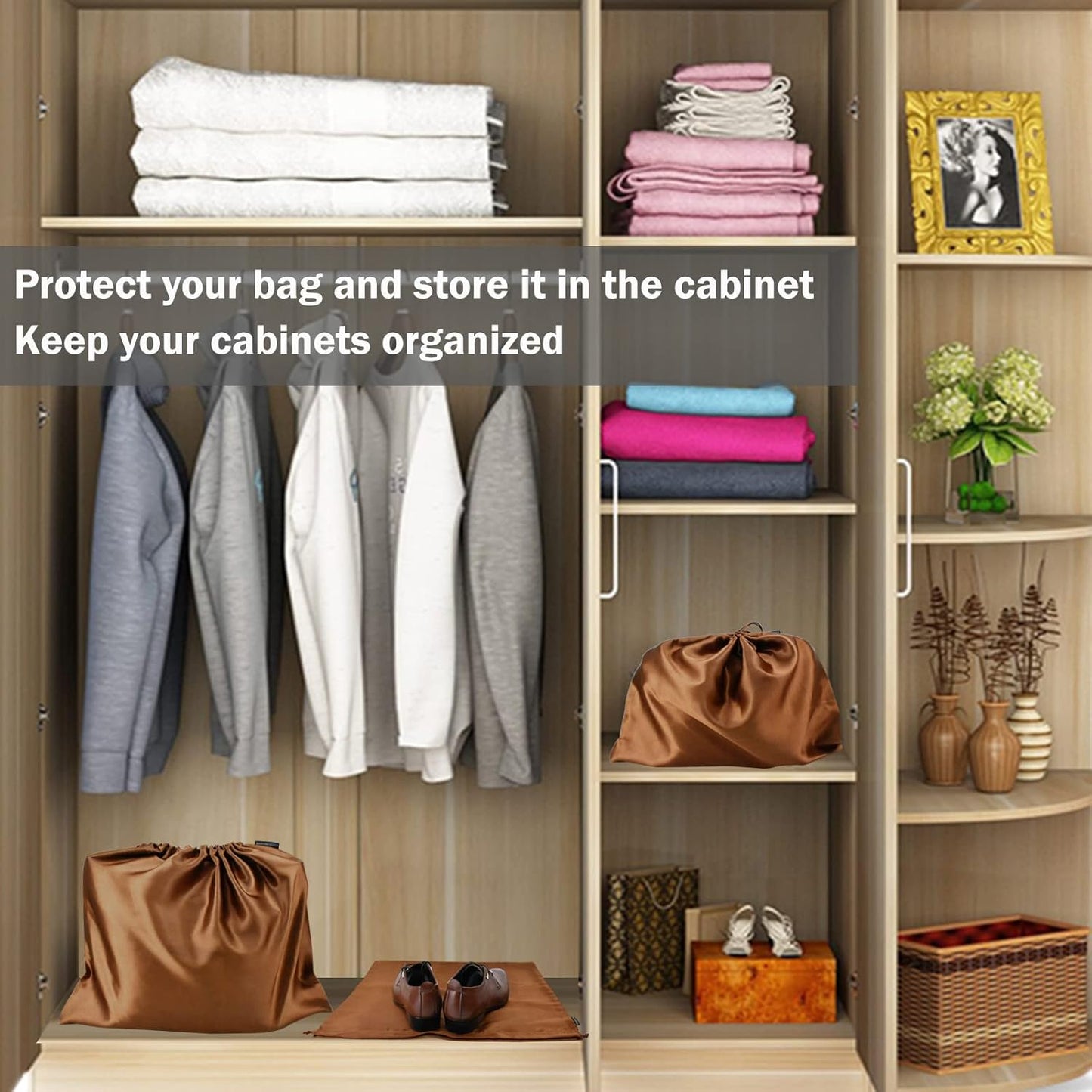 6 Pack Dust Bags for Handbags Silk Dust Cover Bag for Handbags Purses Shoes Boots, Silk Dustproof Drawstring Bag Travel Storage Pouch (Brown, 19.6 × 15.7 in)