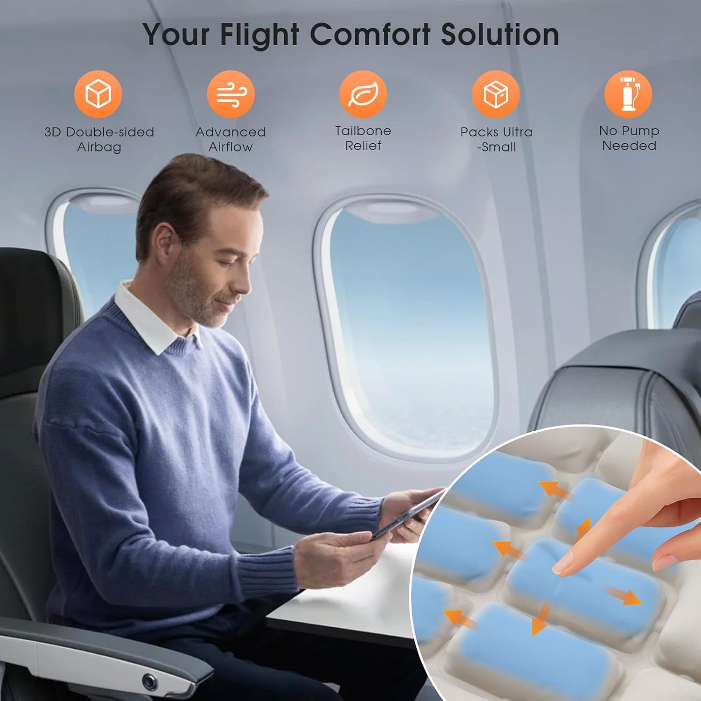 3D Inflatable Seat Cushion for Airplane Travel - Portable Air Seats Pad Pressure Relief with Storage Bag for Long Flights Car Office Camping Wheelchair Stadium Bleacher, No Pump Required, Black