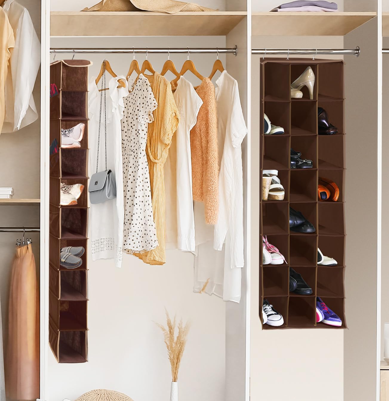 SIMPLE HOUSEWARE Hanging Closet Organizers 24 Section Shoe Shelves, Brown