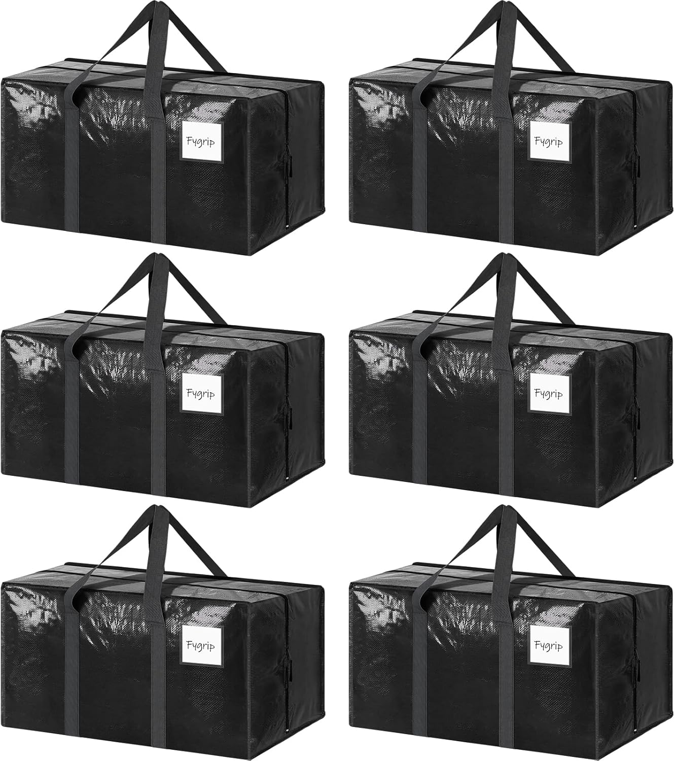 6 Pack Extra Heavy Duty Large Moving Bags with Strong Zipper & Comfortable Handles, Sturdy & Durable Clothes Storage Bags Totes Bins, Packing Moving Boxes for College Supplies, Black