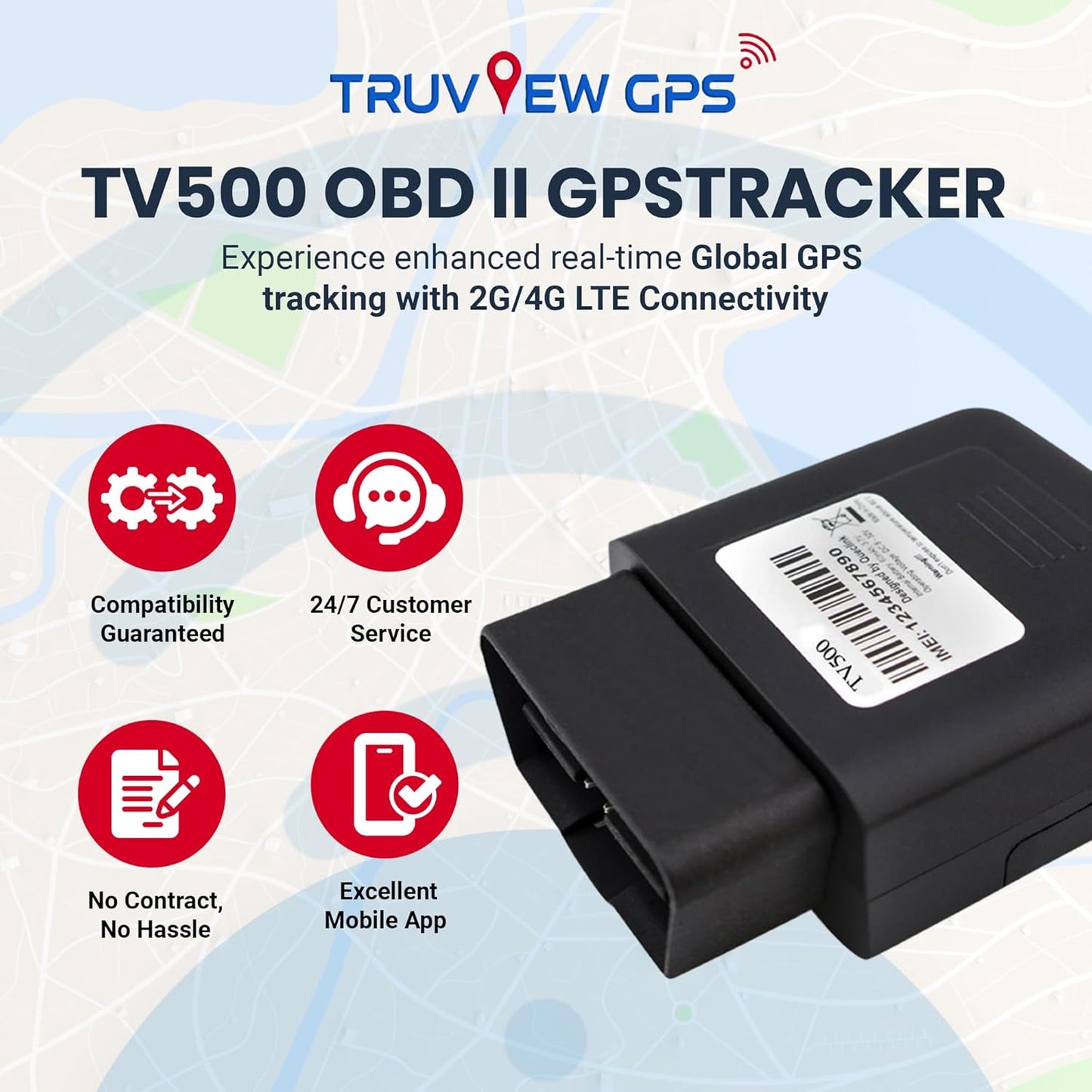 Truview TV500 OBD II, 4G GPS Tracker with Global SIM - Real-Time & Reliable Vehicle Tracking Device for Cars, Vans & Fleets - Plug & Play, Mobile App, 24/7 Support - No Contract Required