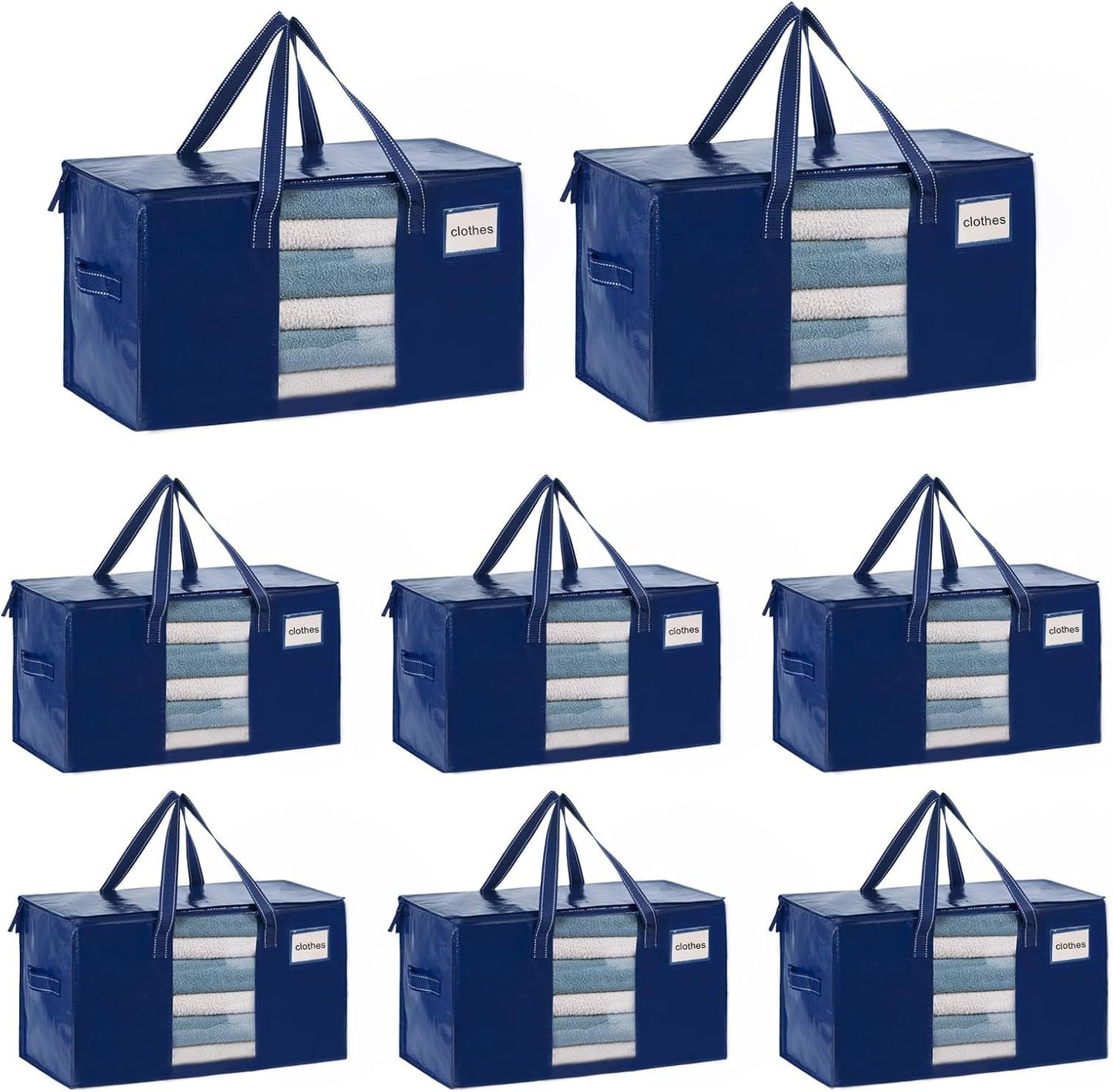 VENO 8 Pack Moving Bags, Comforter and Blanket Storage Bags for Closet, Moving Boxes, Boxes with Lids Alternative, College Dorm Packing Supplies, Foldable Heavy-Duty Tote with Window (Blue, 8 Pack)