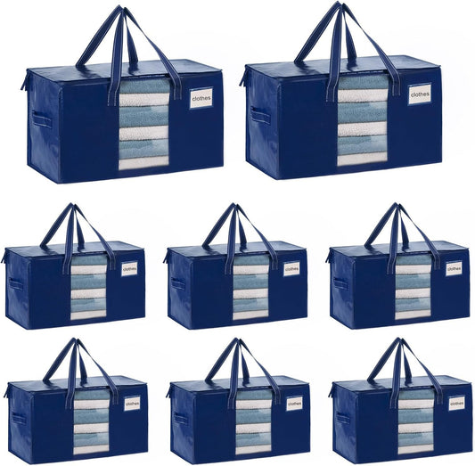 VENO 8 Pack Moving Bags, Comforter and Blanket Storage Bags for Closet, Moving Boxes, Boxes with Lids Alternative, College Dorm Packing Supplies, Foldable Heavy-Duty Tote with Window (Blue, 8 Pack)