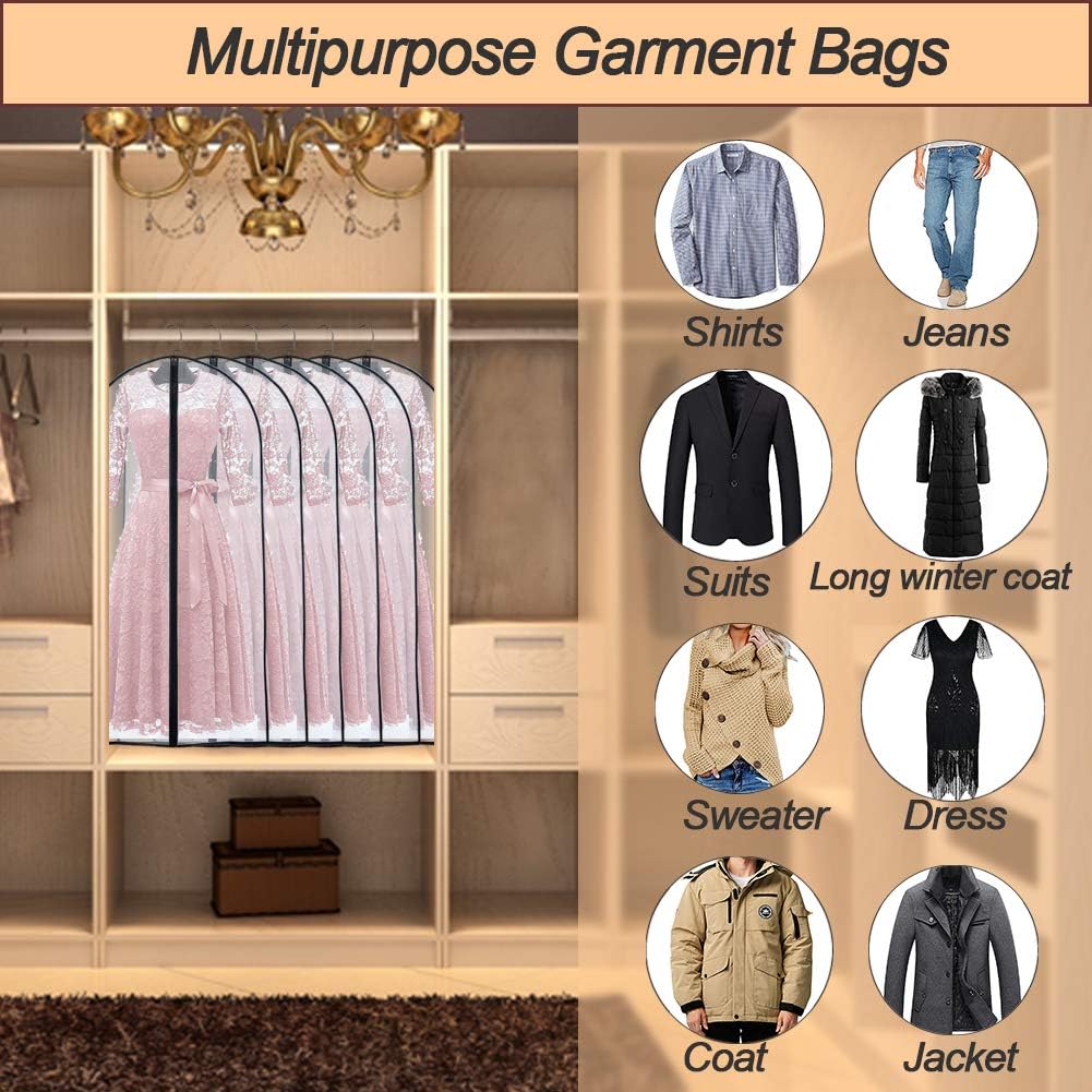 Garment Bags for Hanging Clothes 24'' x 55 '' (Set of 6) Transparent Lightweight Breathable Coat Covers for Closet with Study Full Zipper for Long Dress Clothes Storage [Upgraded Version]