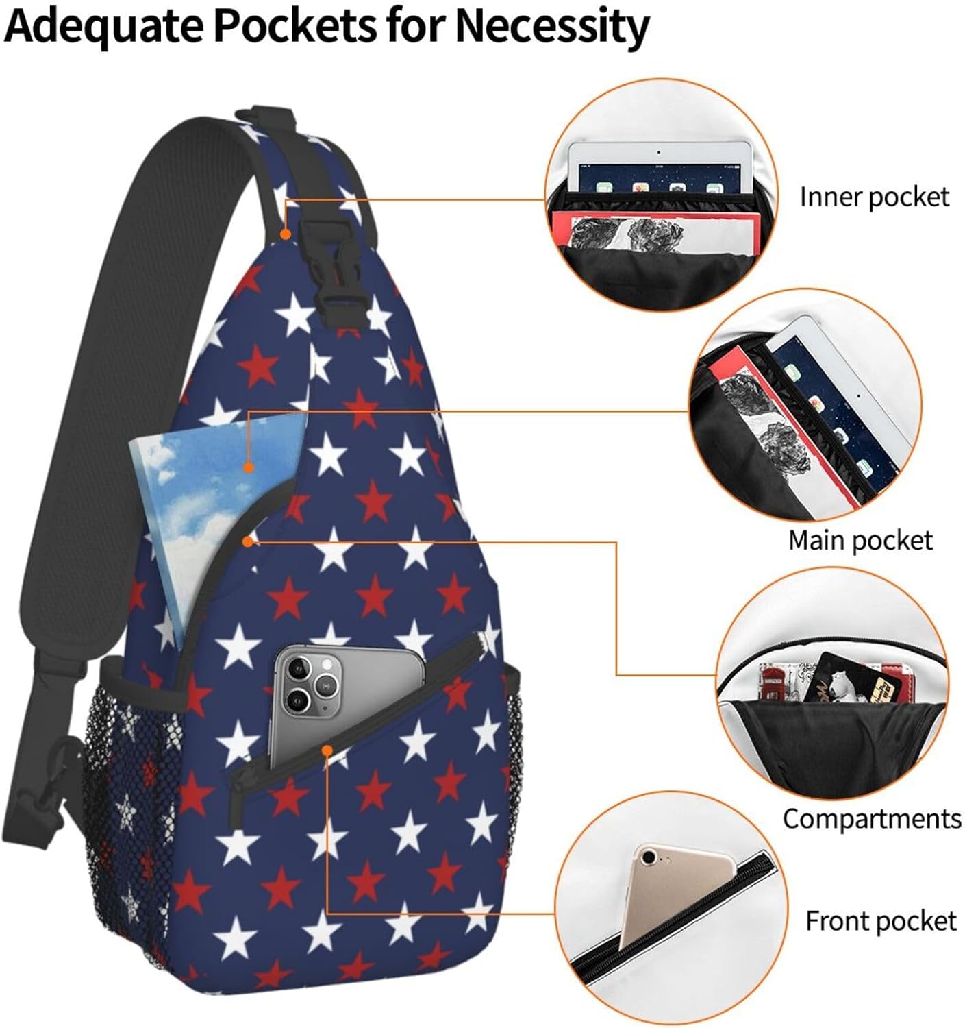 SUPLUCHOM Sling Bag American Flag Red White Star Hiking Daypack Crossbody Shoulder Backpack Travel Chest Pack for Men Women