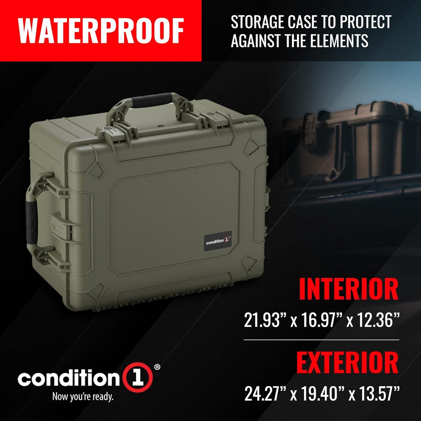 Condition 1 25" Large Heavy-Duty Protective Waterproof Hard Case Model 024, Portable Storage Box with Customizable Foam, Camera, Tool, Hunting, Made in USA, 24.27"x19.40"x13.57" Green