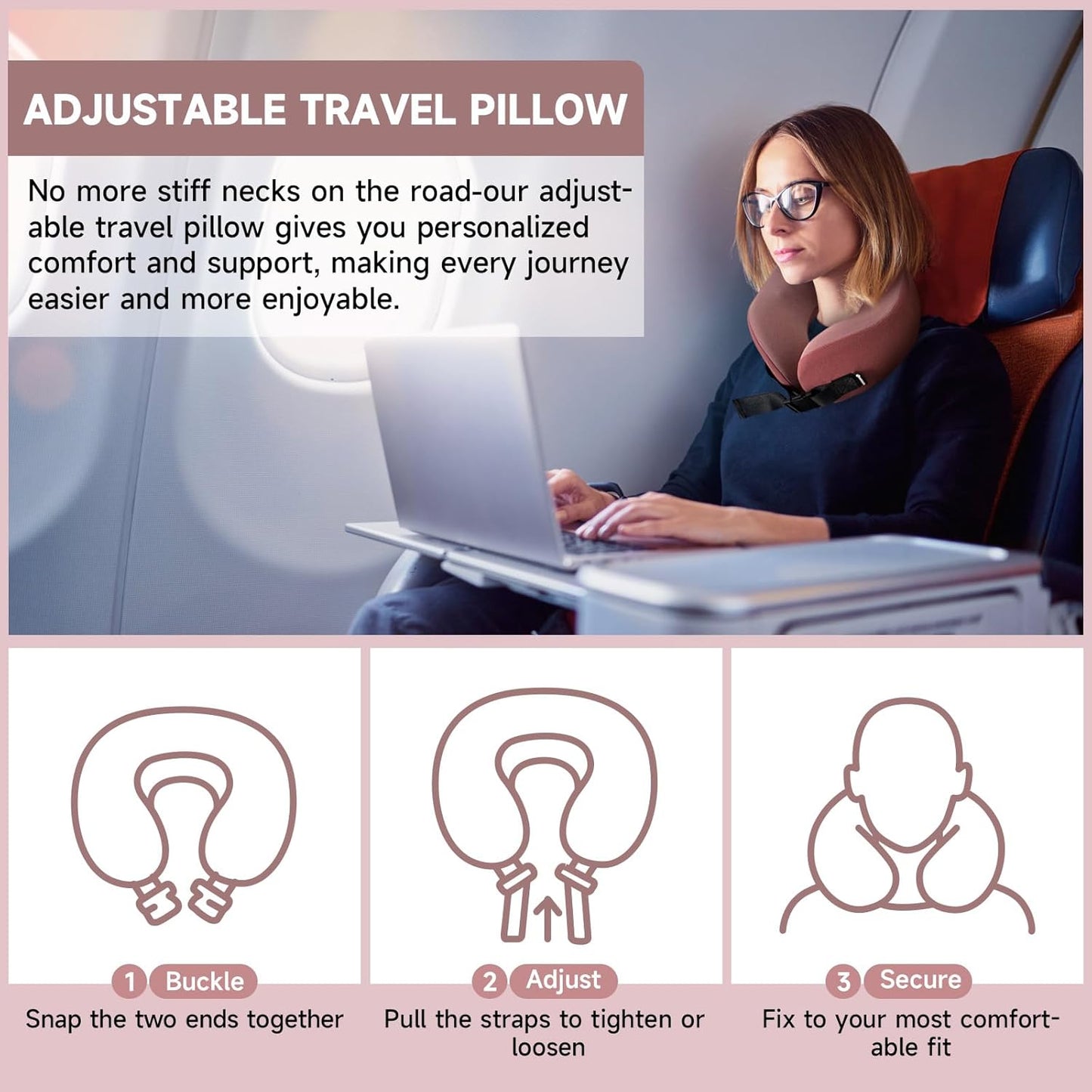 SPRFUFLY Travel Pillow/Neck Brace - 100% Memory Foam Neck Pillow for Sleeping, Airplane Pillow with Sleep Mask & Earplugs, Travel Essentials Neck Brace Pillow for Airplane, Car, Office & Home(Pink)