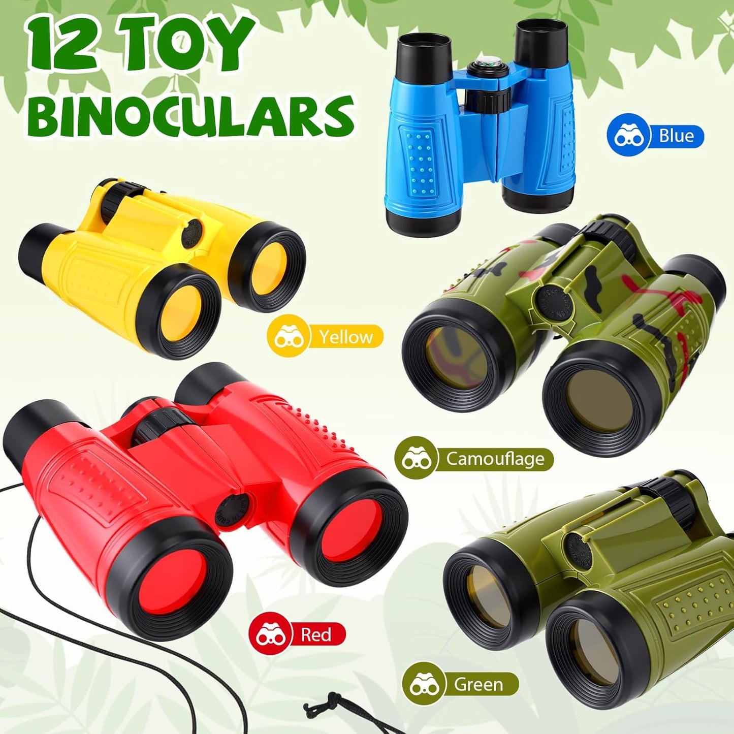 12 Set Binocular Compass Magnifying Glass Set Christmas Birthday Gift Small Telescope Binocular with Whistle Bag for Outdoor Exploring Stocking Stuffer(Colorful,Camouflage)