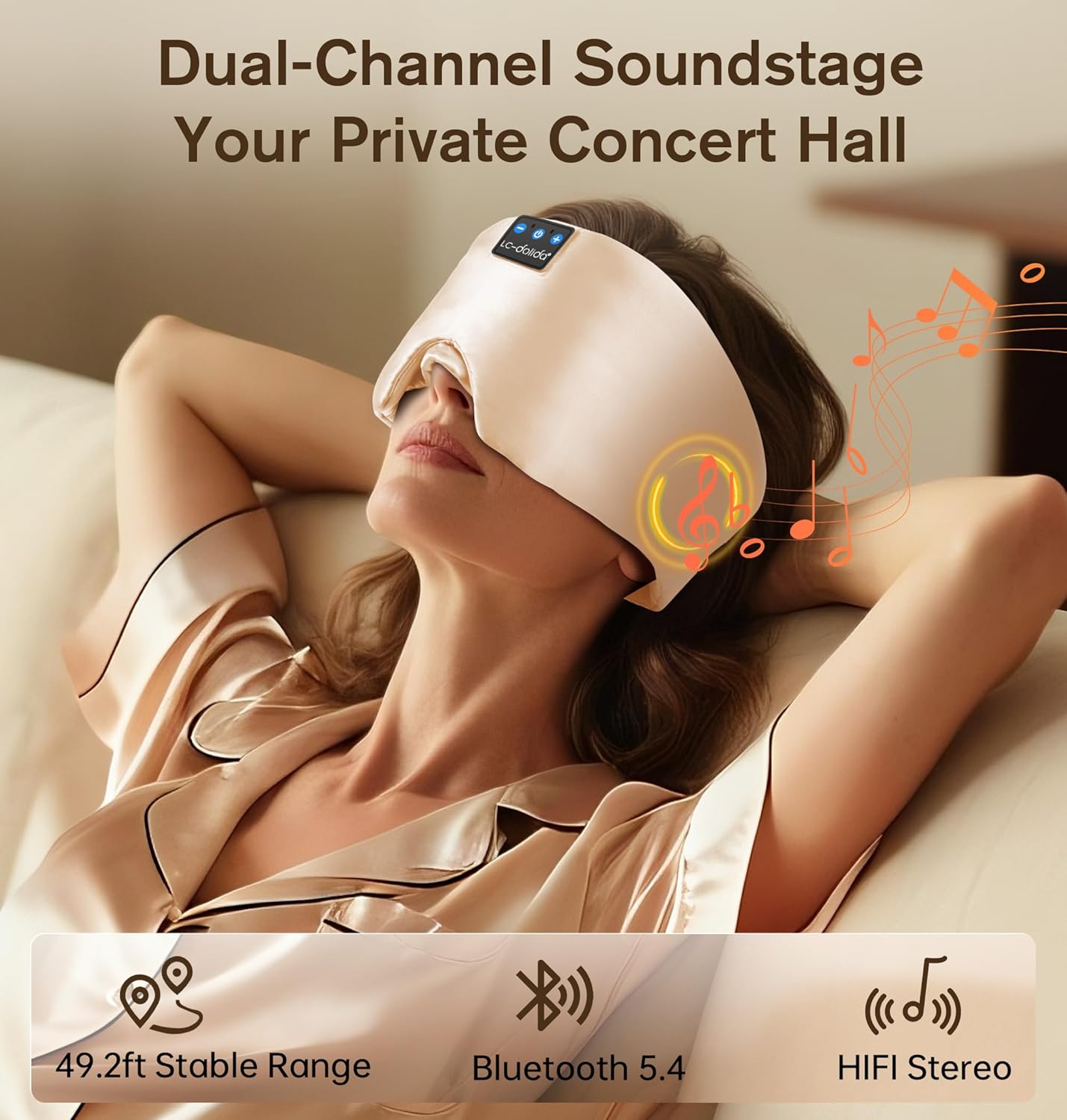 LC-dolida Luxurious Silk Soft Sleep Mask, Sleep Headphones with Bluetooth 5.4 for Side Sleeper, Total Blackout Eye Sleeping Mask for Women and Men, Ideal Gift for Restful Sleep, Travel(Champagne)