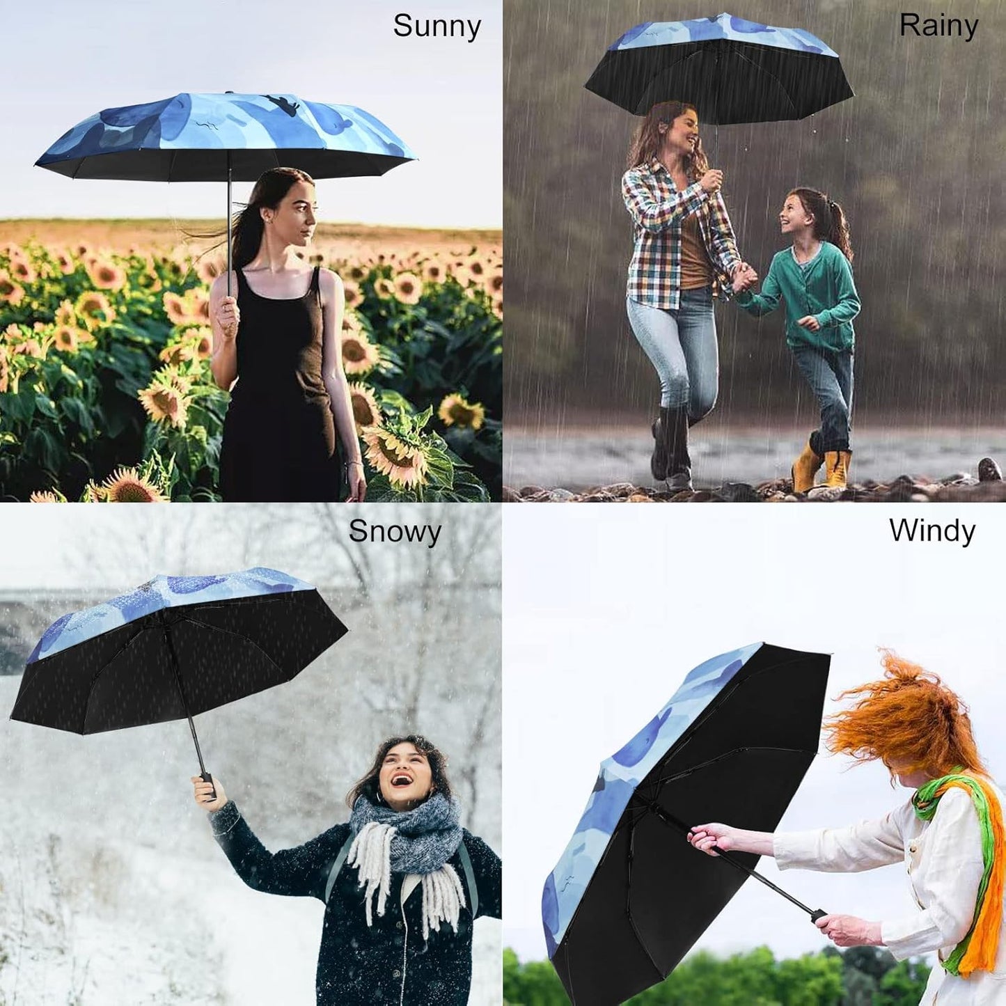 Cuby UV Sun Umbrella Compact Folding Travel Umbrella Auto Open and Close for Windproof, Rainproof & 99.9% UV Protection Parasol with Black Anti-UV Coating (Blue Whale)