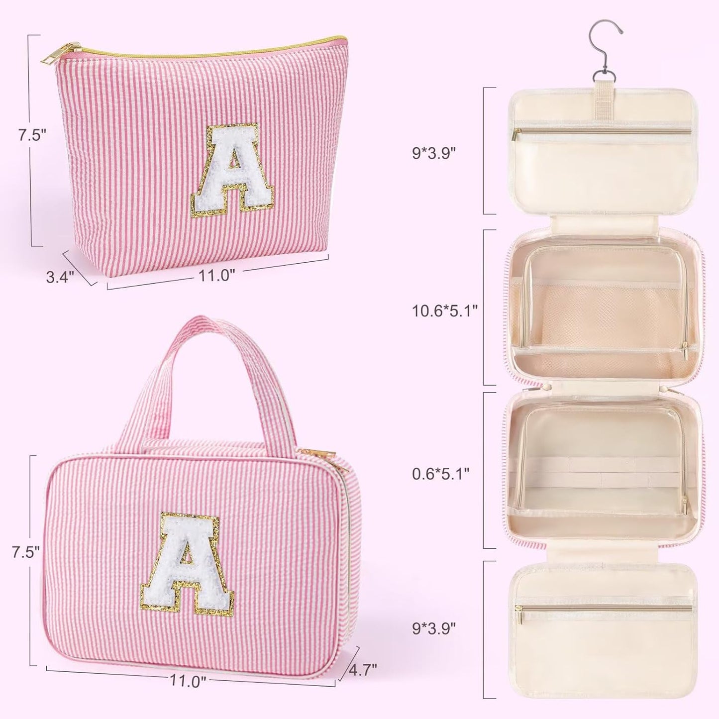 YOOLIFE Hanging Toiletry Bag for Women - Large Travel Toiletry Bag Makeup Bag, Portable Toiletries Cosmetic Bag, Airplane Travel Essentials - Letter N, Pink