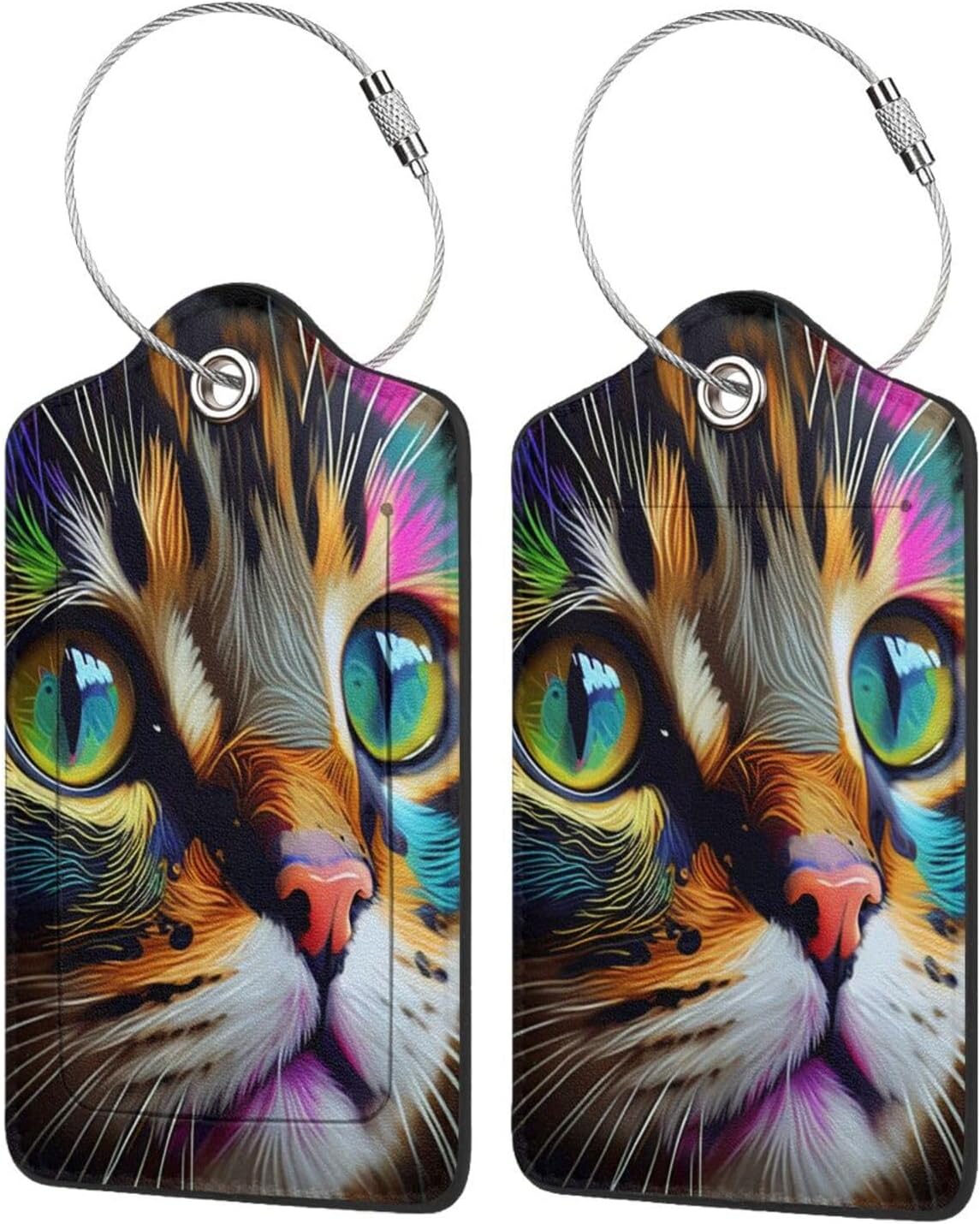 2 Pack Luggage Tags for suitcases Cute Cat Luggage Tag, Leather Stainless Steel Loop Label Tag for Men Women Travel Bag Suitcase(cat face)