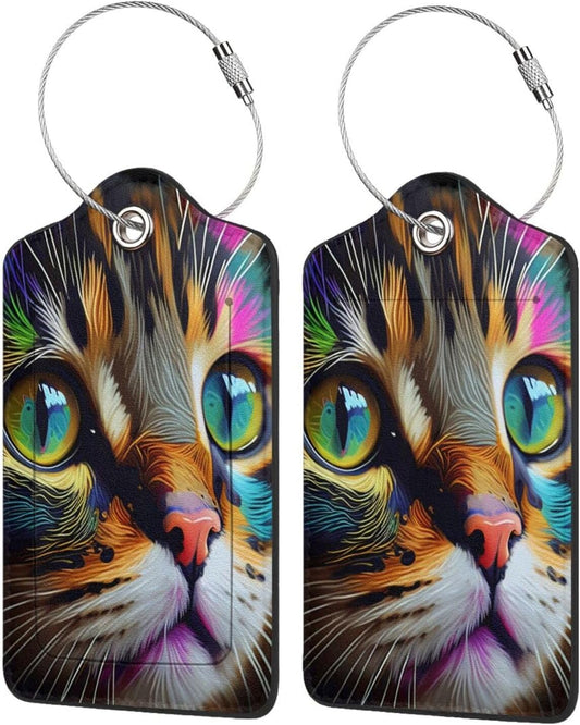 2 Pack Luggage Tags for suitcases Cute Cat Luggage Tag, Leather Stainless Steel Loop Label Tag for Men Women Travel Bag Suitcase(cat face)