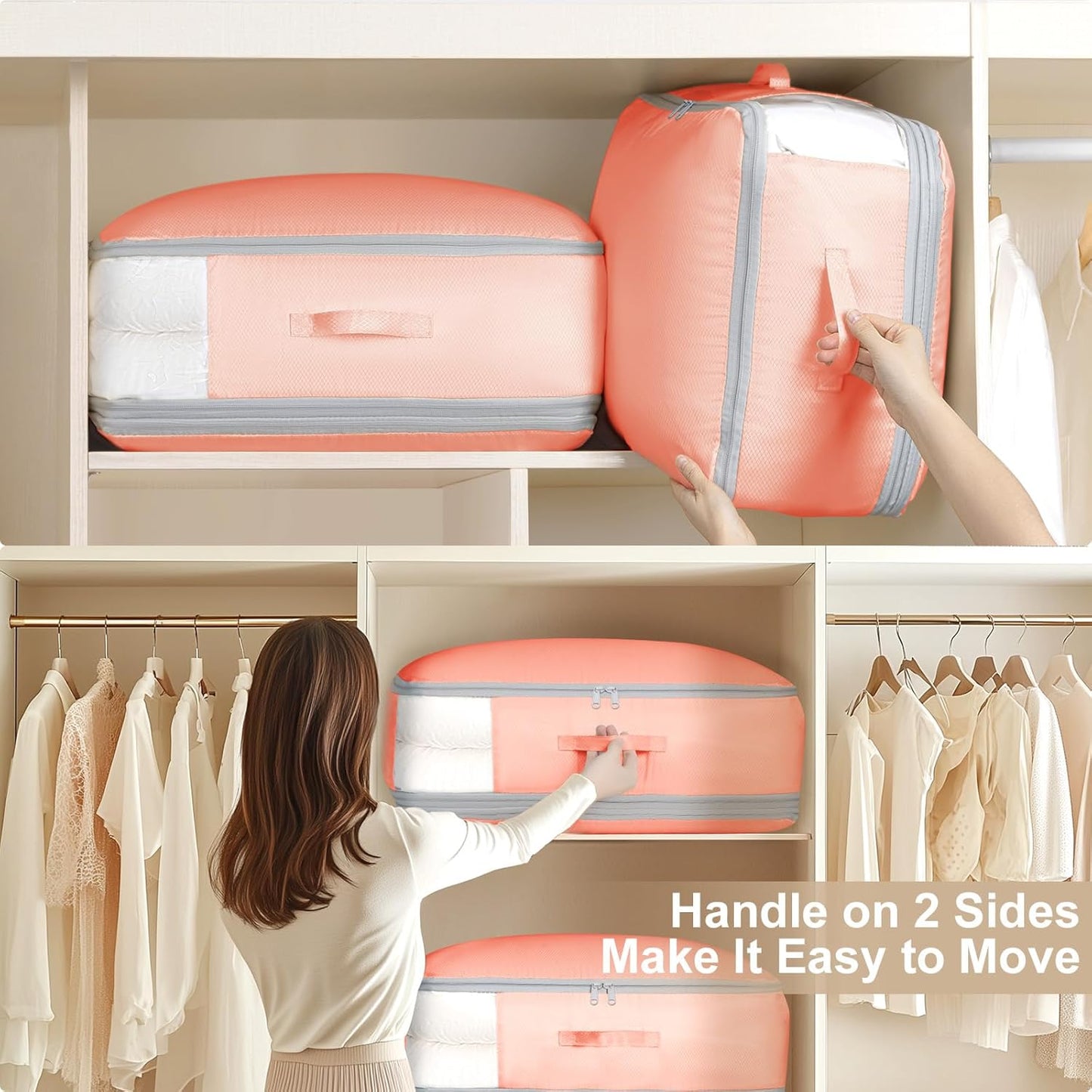 Comforter Storage Bag - Large Capacity Blanket Storage Bags 3-Layer Ultra Space Saving Self Compression Organizer, Washable Compression Bags for Storage Comforter Blanket, 4-Pack, Pink