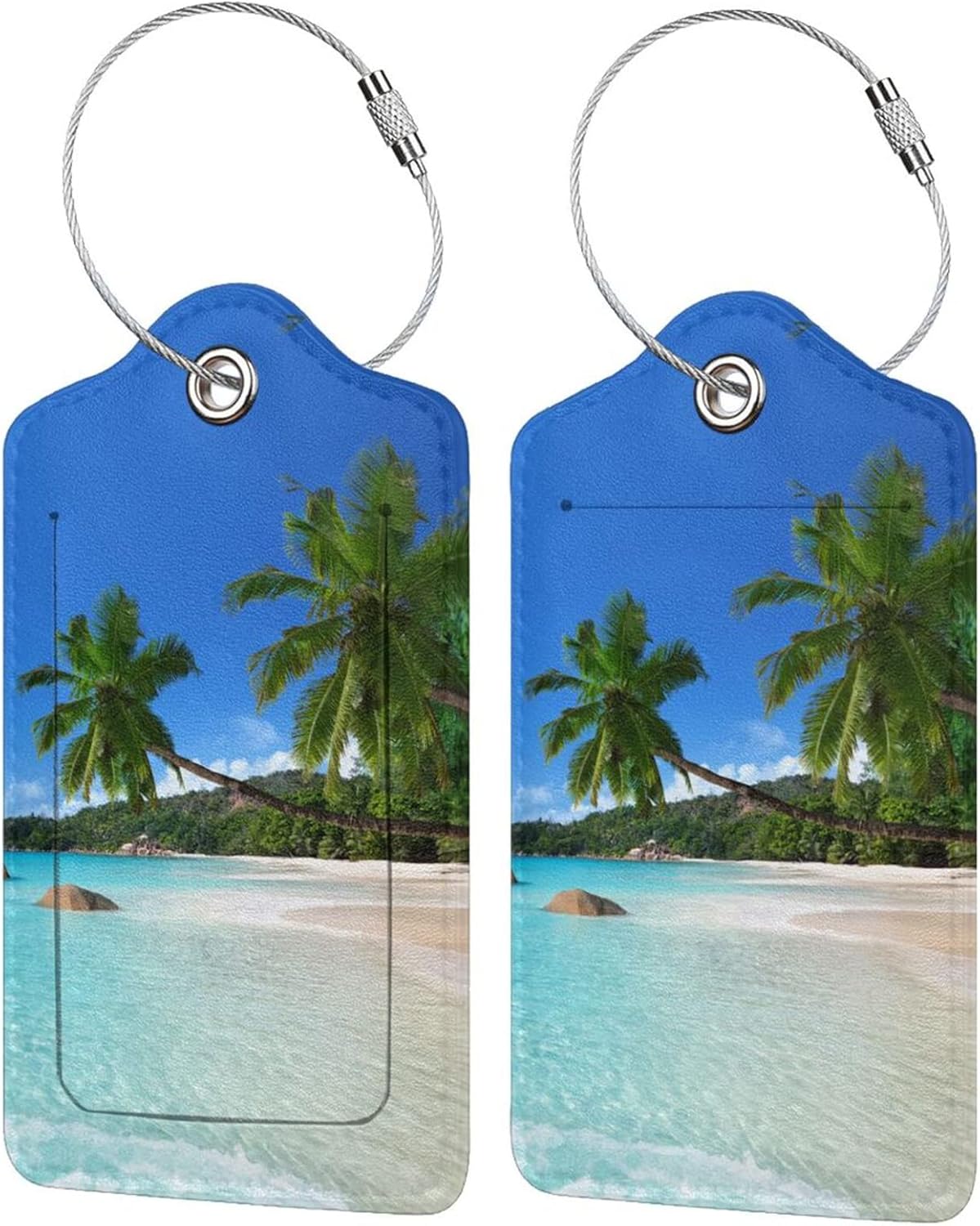2Pcs Tropical Palm Trees Luggage Tags with Beach Landscape, Beautiful Identifier Labels with Blue Sky Background for Suitcase Baggage Bag, Travel Tags with Privacy Cover Id Card Stainless Steel Loop
