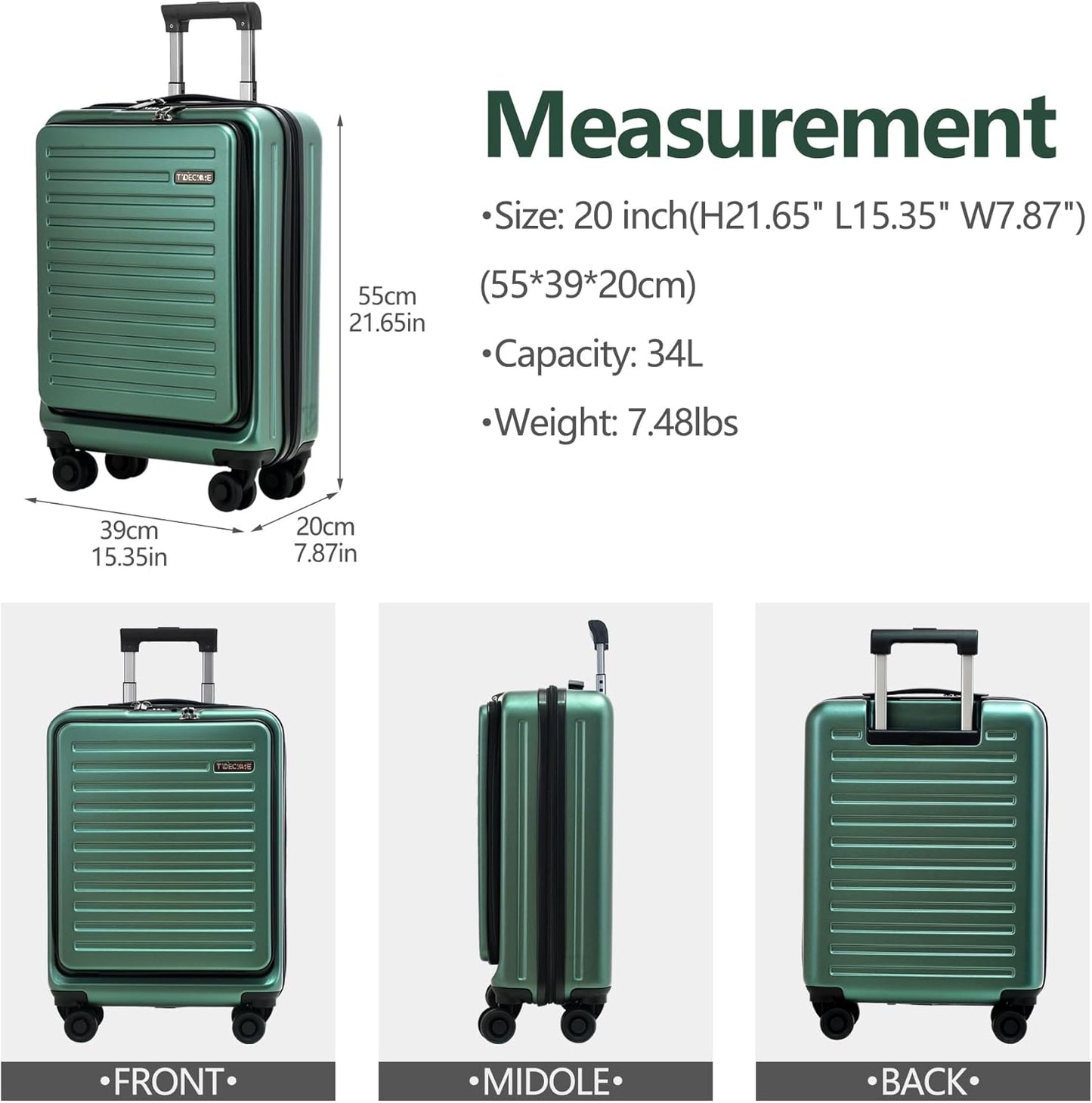 TydeCkare 20 Inch Carry On Luggage with Front Pocket, 21.65 * 15.35 * 7.87" Suitable for Airplane Overhead Bin, 34L Lightweight PC+ABS Hardshell with YKK Zipper, TSA Lock Approved, Dark Green