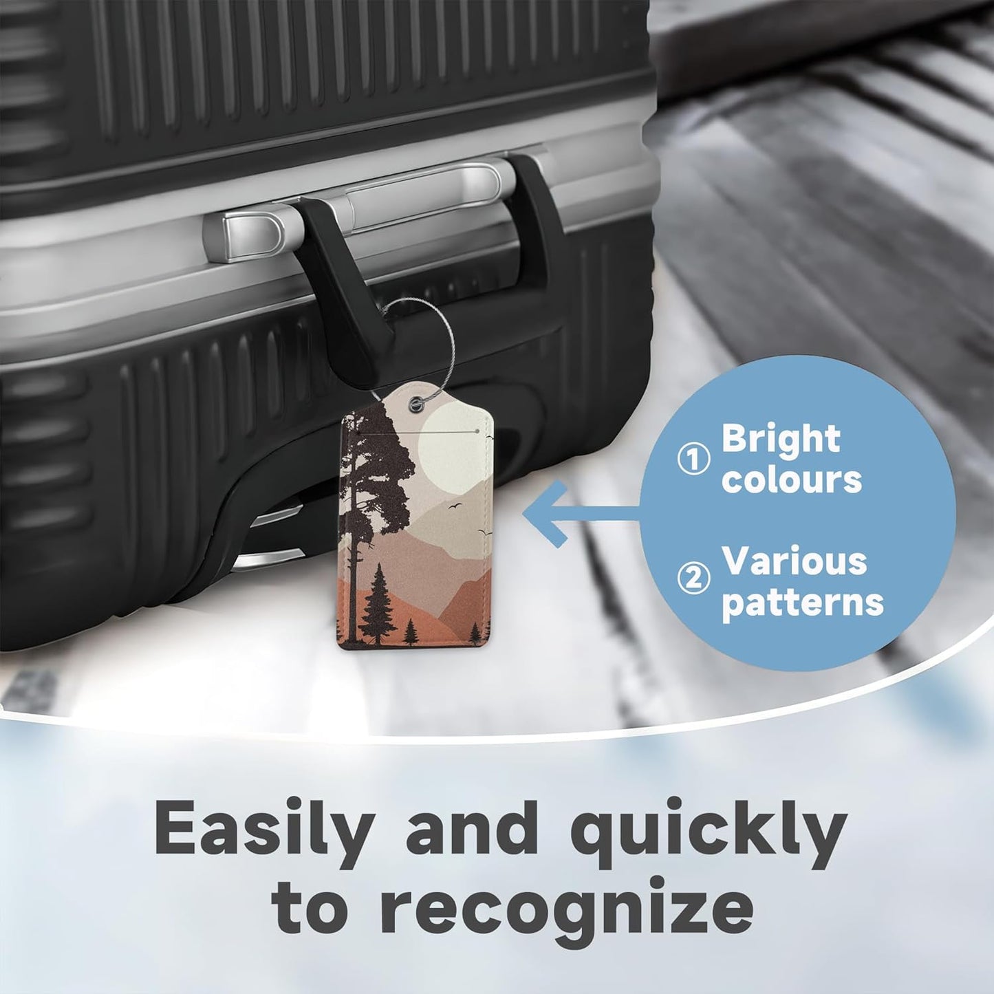 2 Pack Luggage Tag for Suitcase, Landscape Pine Trees Mountains Leather Bag Tags Identifiers Privacy Cover ID Label with Durable Steel Loop for Women Men Kids Girls Travel