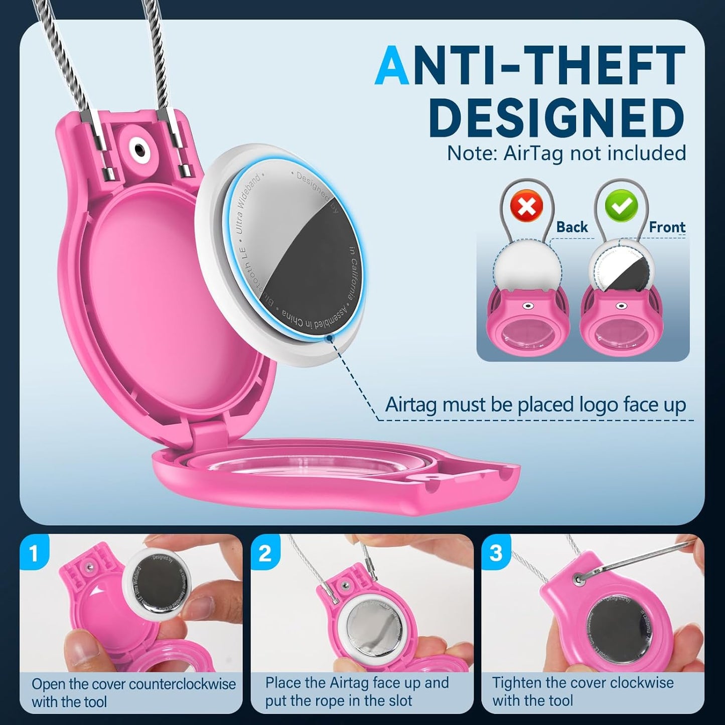 Waterproof Airtag Holder,Airtag Case with Secure Lock,Airtags Keychain for Apple Airtag,Anti-Lost Protective Cover Air tag Accessories for GPS Item Finder Tracker Luggage,Bag,Key,Pet,Cat,Dog-Rose Pink