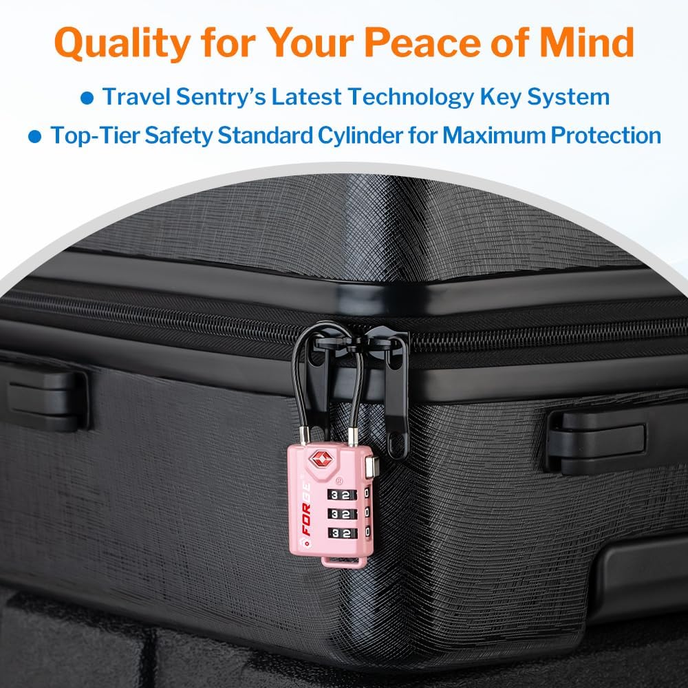 Forge TSA Approved Cable Luggage Locks, 2 Pink Locks, Re-settable Combination with Alloy Body