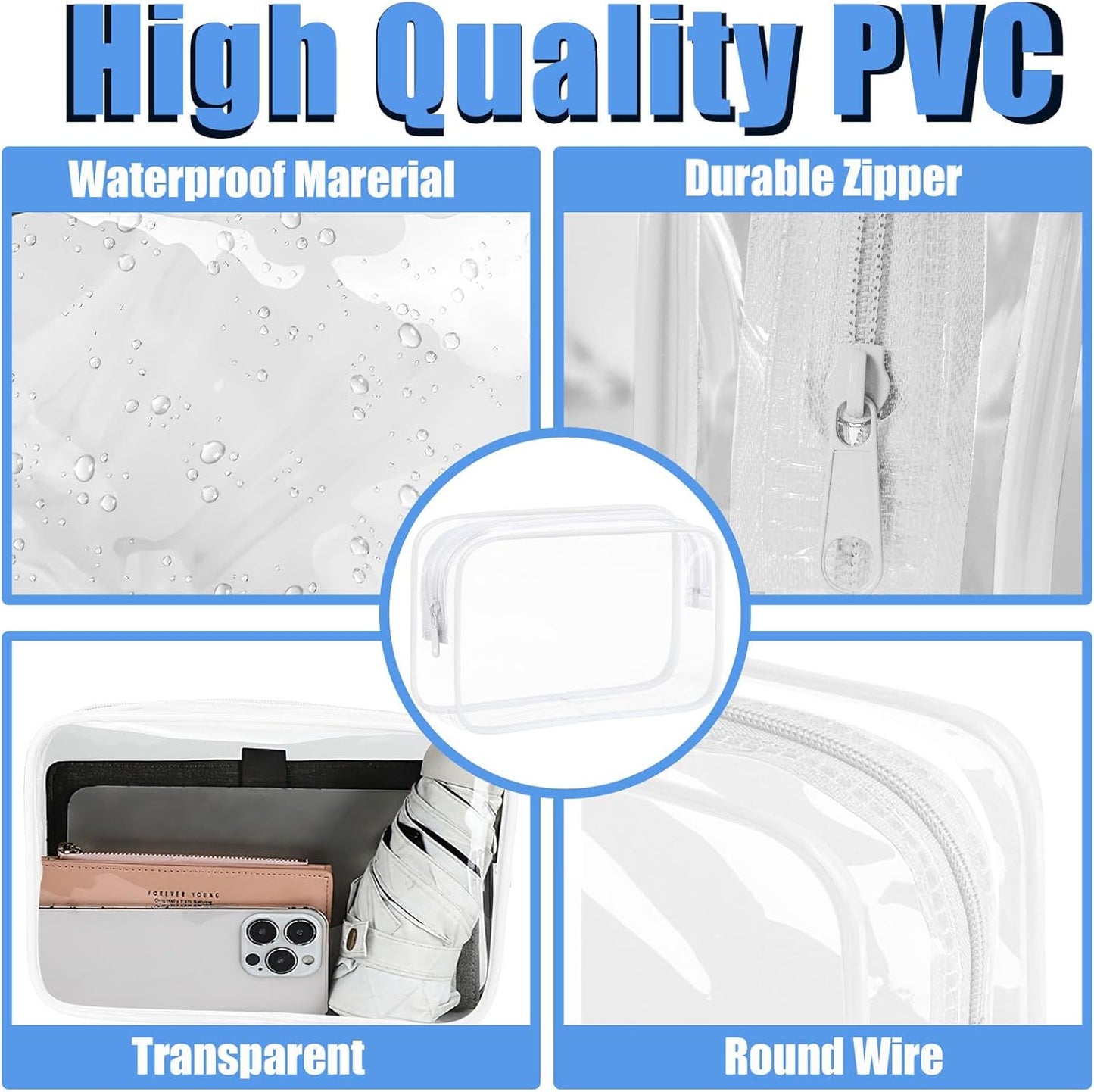 3 Pack Clear Makeup Bags, Waterproof Toiletry Bag with Zipper, Transparent Travel Cosmetic Bag, TSA Approved Clear Organizer Bags, PVC Cosmetic Pouch Case for Vacation Airport Airline Compliant