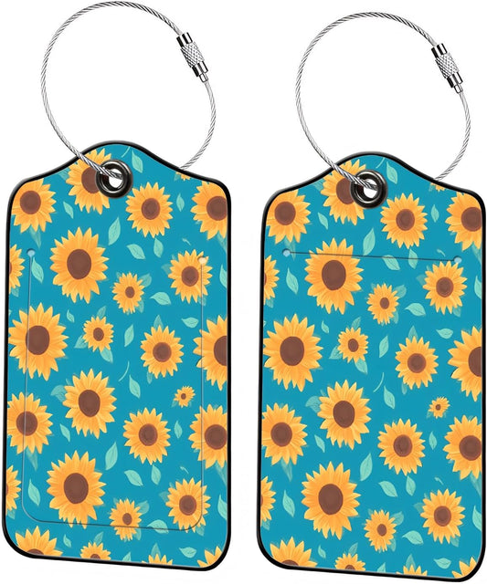 Luggage Tags for Suitcases, 2-Pack PU Leather for Cruise & Travel, Baggage ID Tags with Privacy Cover & Address Card, Durable Metal Ring, Kids Adults Travel Accessories, Turquoise Sunflowers