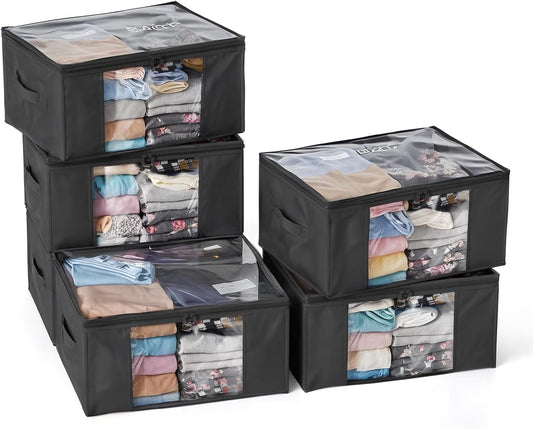 Clothes Storage Bags, Foldable Thick Fabric Blanket Storage Bags, Large Clear Window & Carry Handles, Great for Clothes, Blankets, Closets, Pillows, Toys (Black, 6PACK)