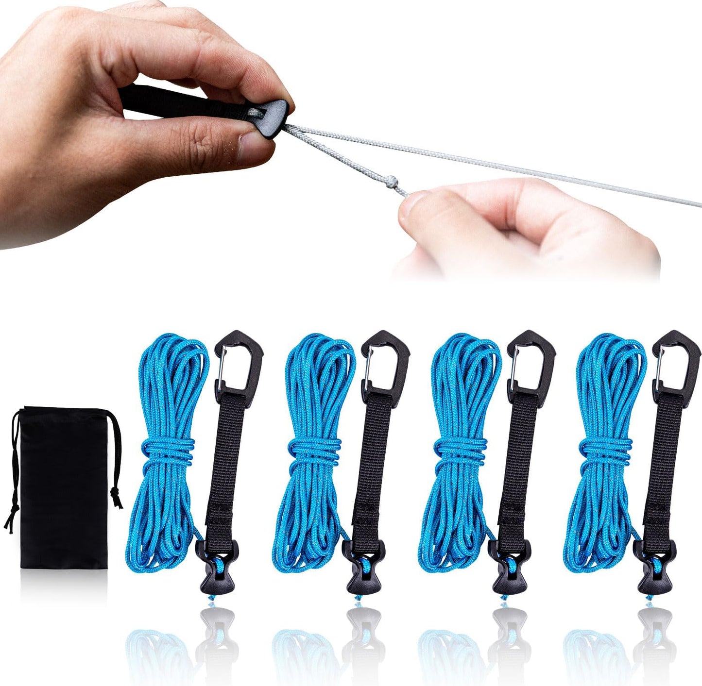 4 Pack Guy Lines-Ultralight Tent Cords with Locking Carabiner Clip, 2mm 100% Nylon Guylines Ropes for Outdoor Camping Tent Tarp,Climbing,Hiking Backpacking (Blue, 4M)