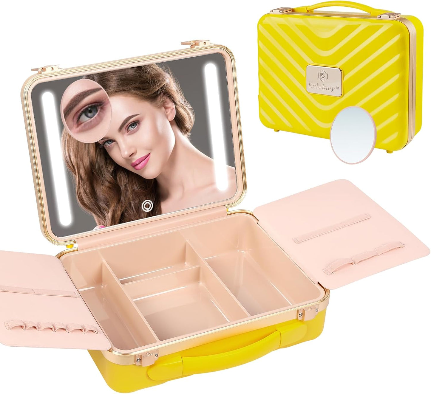 Kalolary Travel Makeup Train Cases with Lighted Mirror 3 Color Setting, Makeup Bag Cosmetic Case Organizer Adjustable Brightness Portable Makeup Storage Box with Detachable 5X Magnifying Mirror Yellow