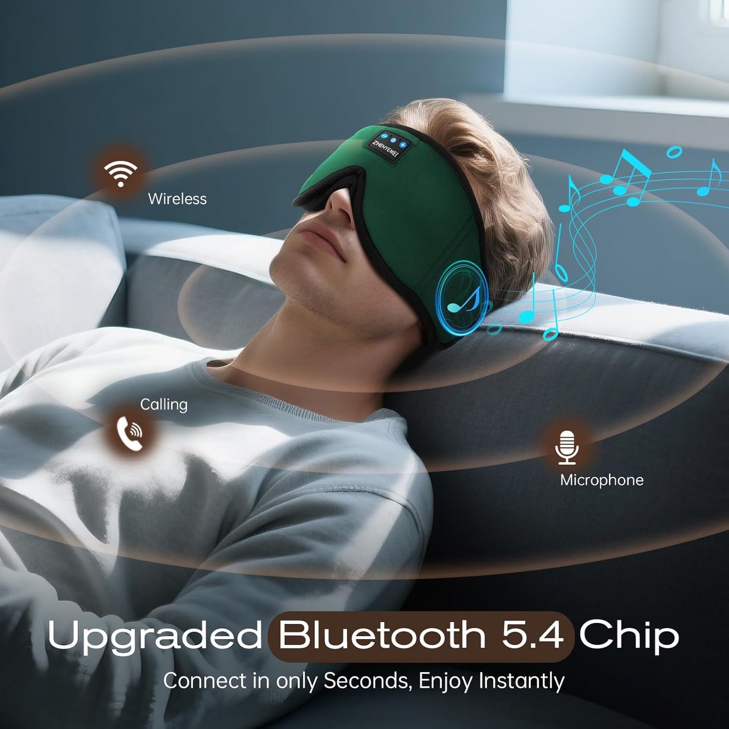 3D Sleep Mask with Bluetooth Headphones, Sleeping Headphones for Side Sleepers, Wireless Music Eye Mask with Ultra-Thin Stereo Speakers for Men, Women, Tech Gifts, Deep Green