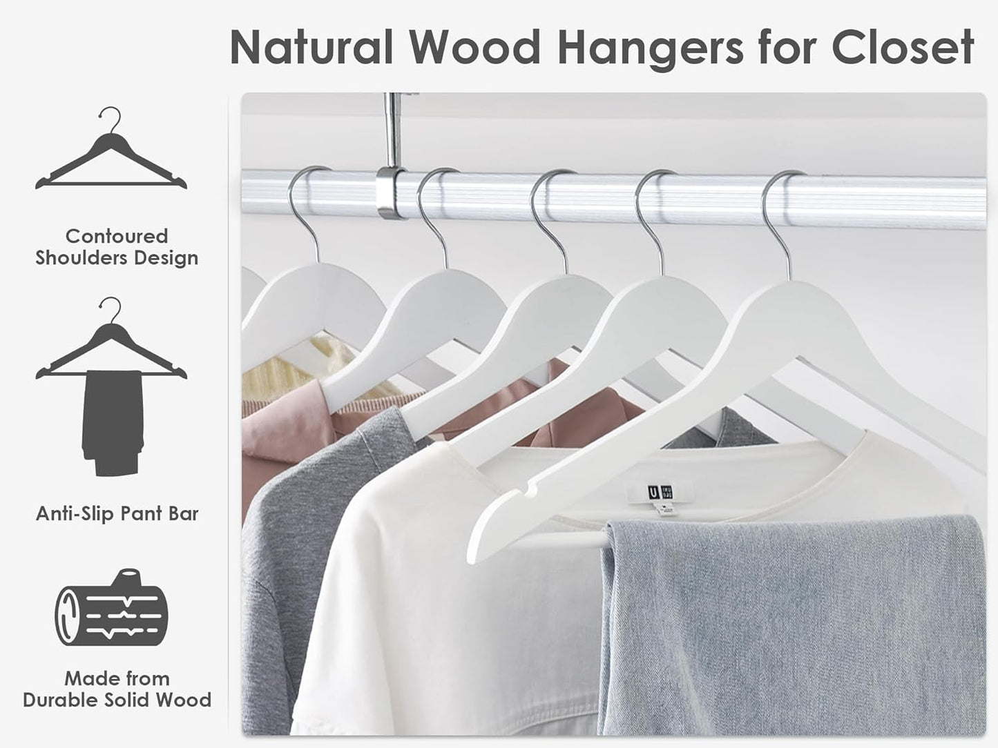 StorageWorks White Wooden Hangers, 30 Pack Wood Hanger for Closet, Coat Hangers for Coats, Shirts, Pants, Bridesmaid Suits, Wedding Dress